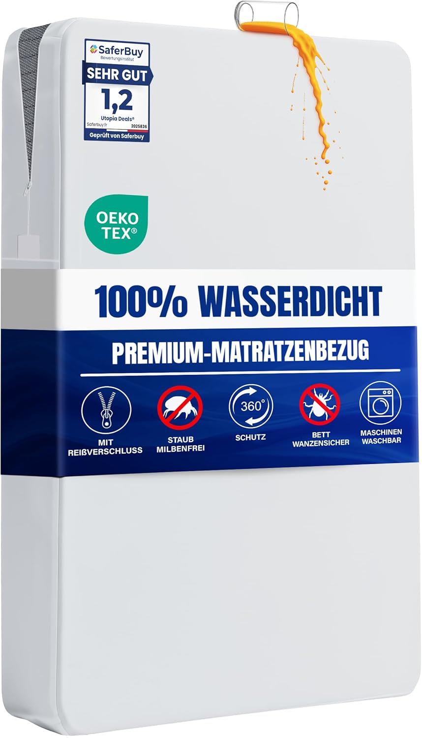 Utopia Bedding Matratzenbezug wasserdicht 100 x 200 x 30 cm mit Reißverschluss (Oeko-TEX) – Matratzenschoner in Weiß