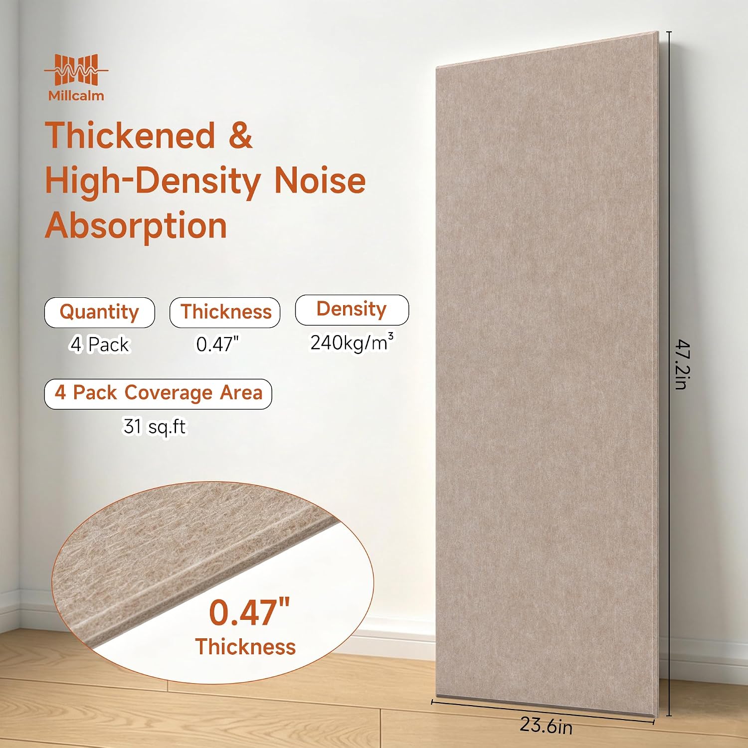 Detalle 2 de Millcalm Large Acoustic Wall Panels, 4-Pack, Camel, Self-Adhesive, 0.47-Inch Thick