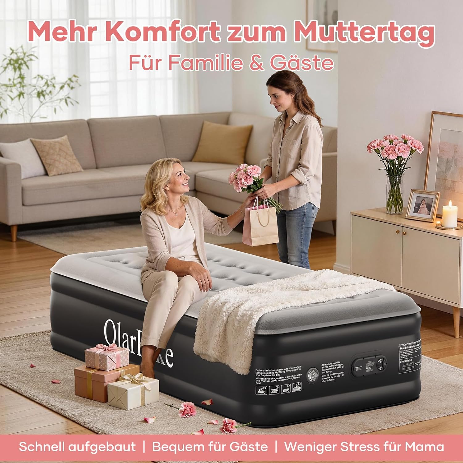 Detalle de OlarHike Luftbett 1 Person 90 x 200 x 50 cm mit integrierter Pumpe – Gästematratze für Camping & Zuhause