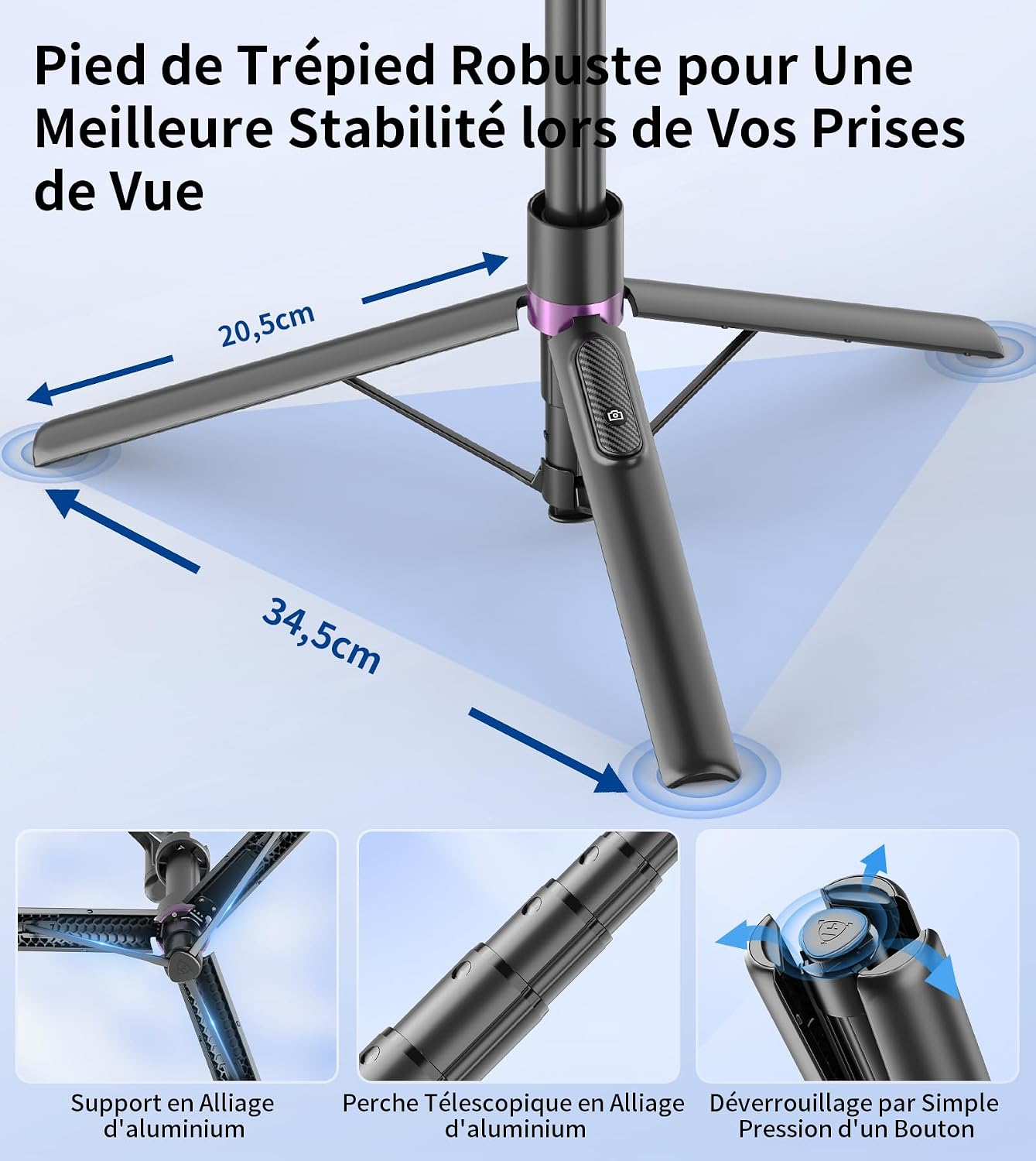 Detalle 2 de TONEOF magnetisch selfiestickstatief van aluminium, tot 174 cm, met afstandsbediening