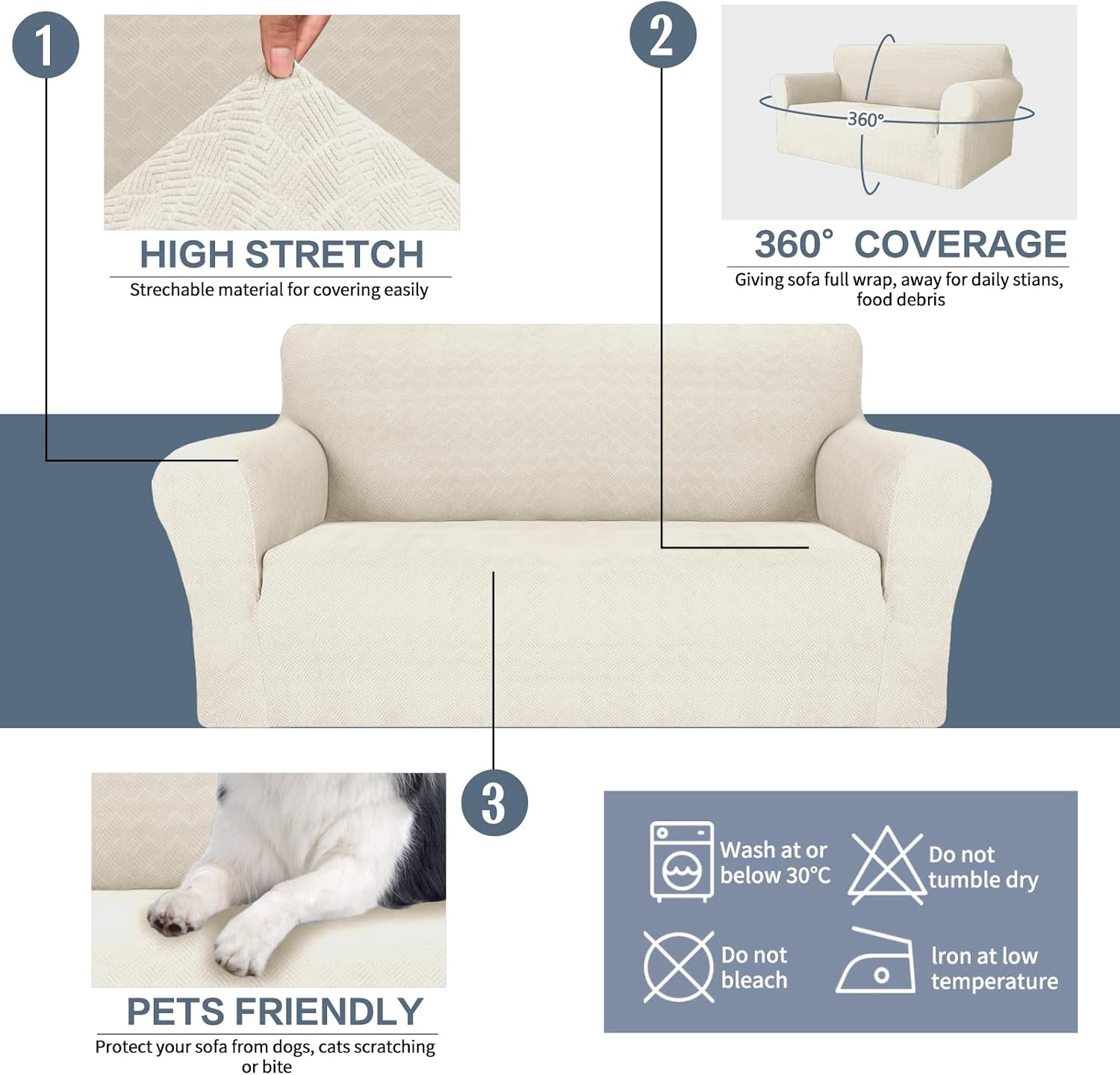 Detalle 2 de Ystyle Funda Sofa 3 Plazas ajustable crema 🛋