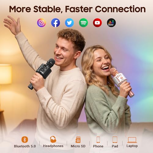 Detalle de BONAOK Wireless Bluetooth Karaoke Microphone (Q37 Rose Gold) – 3-in-1 Portable Mic, Speaker, and Recorder