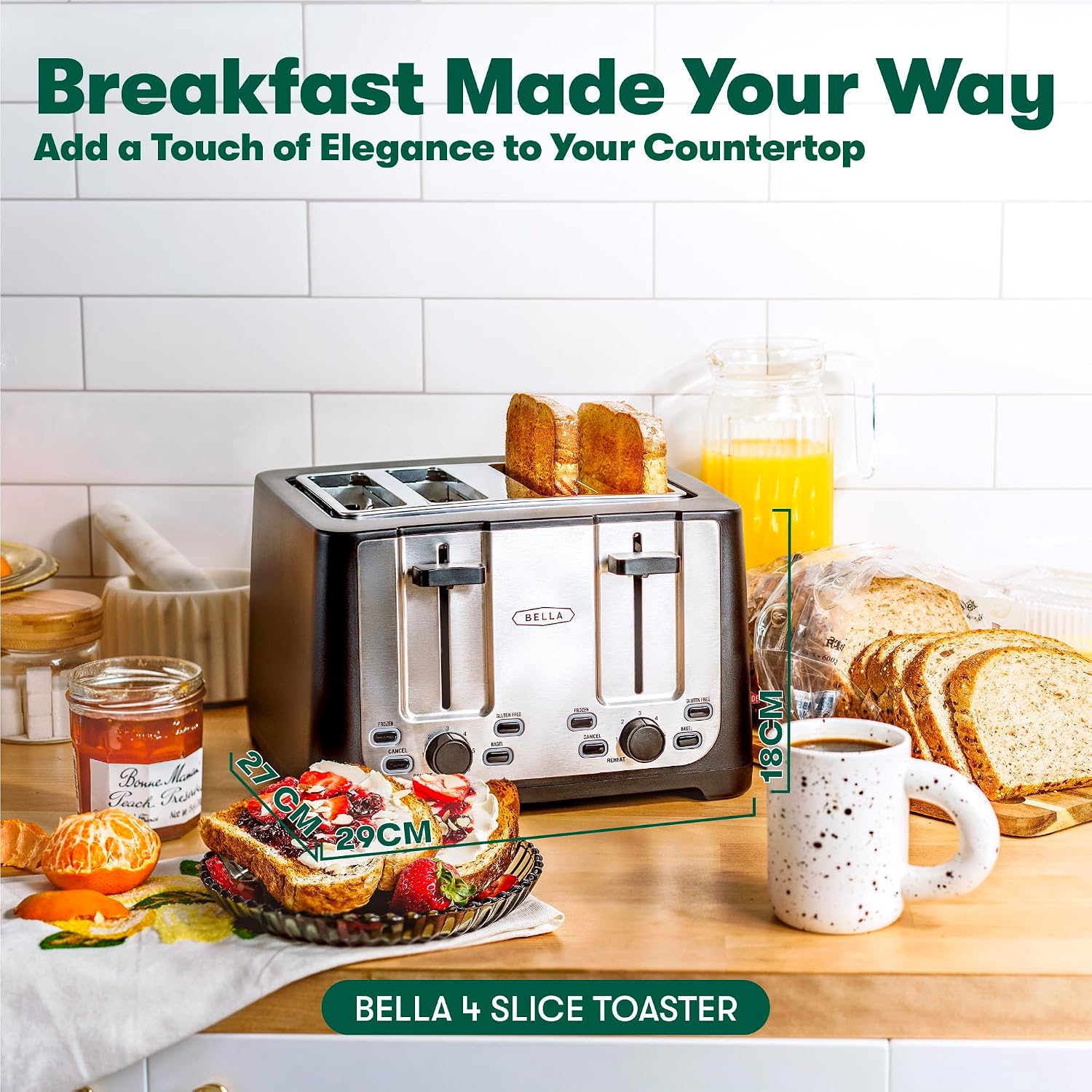 Detalle de bella 4 Slice Toaster with Auto Shut Off, Extra Wide Slots and Removable Crumb Tray