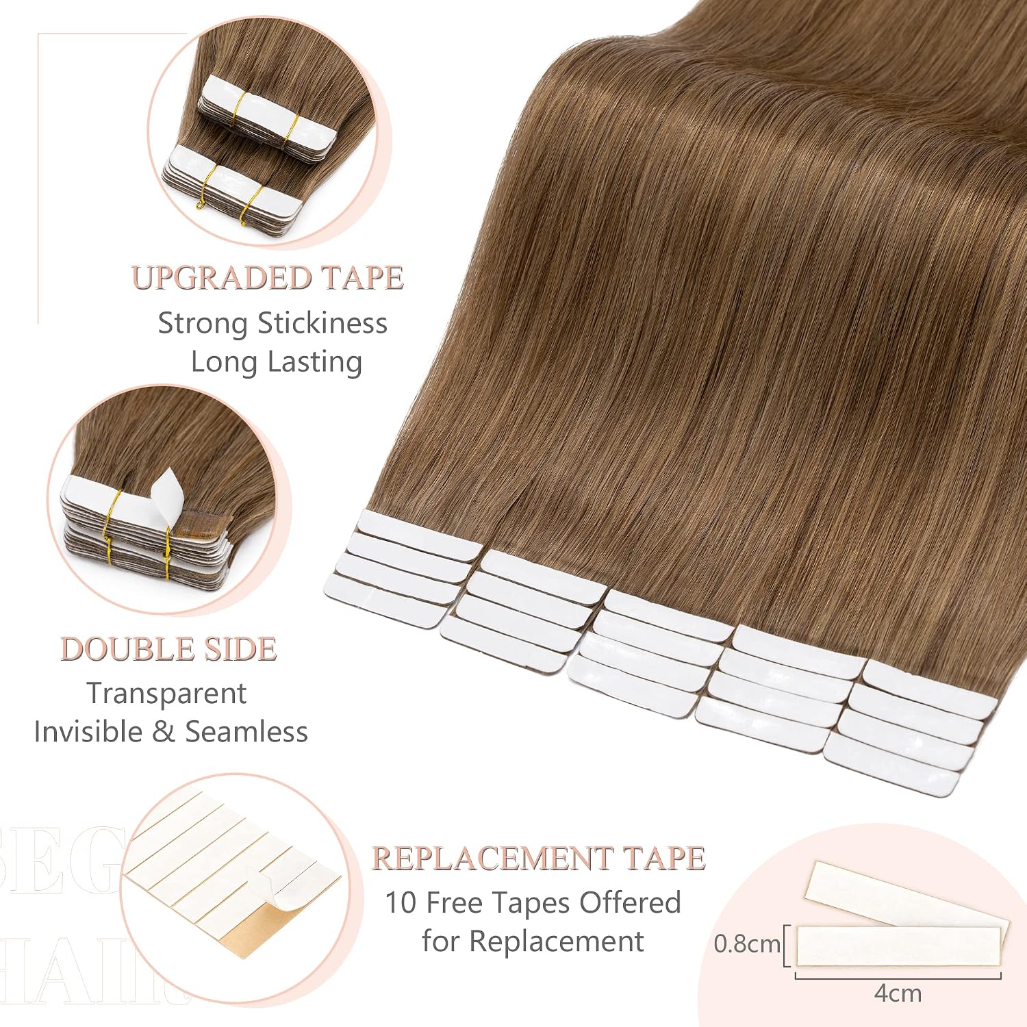 Thumbnail 2 de SEGO Extension Adesive Capelli Veri Biadesivo 20 Ciocche - Remy 50 g, 50 cm, Castano Chiaro