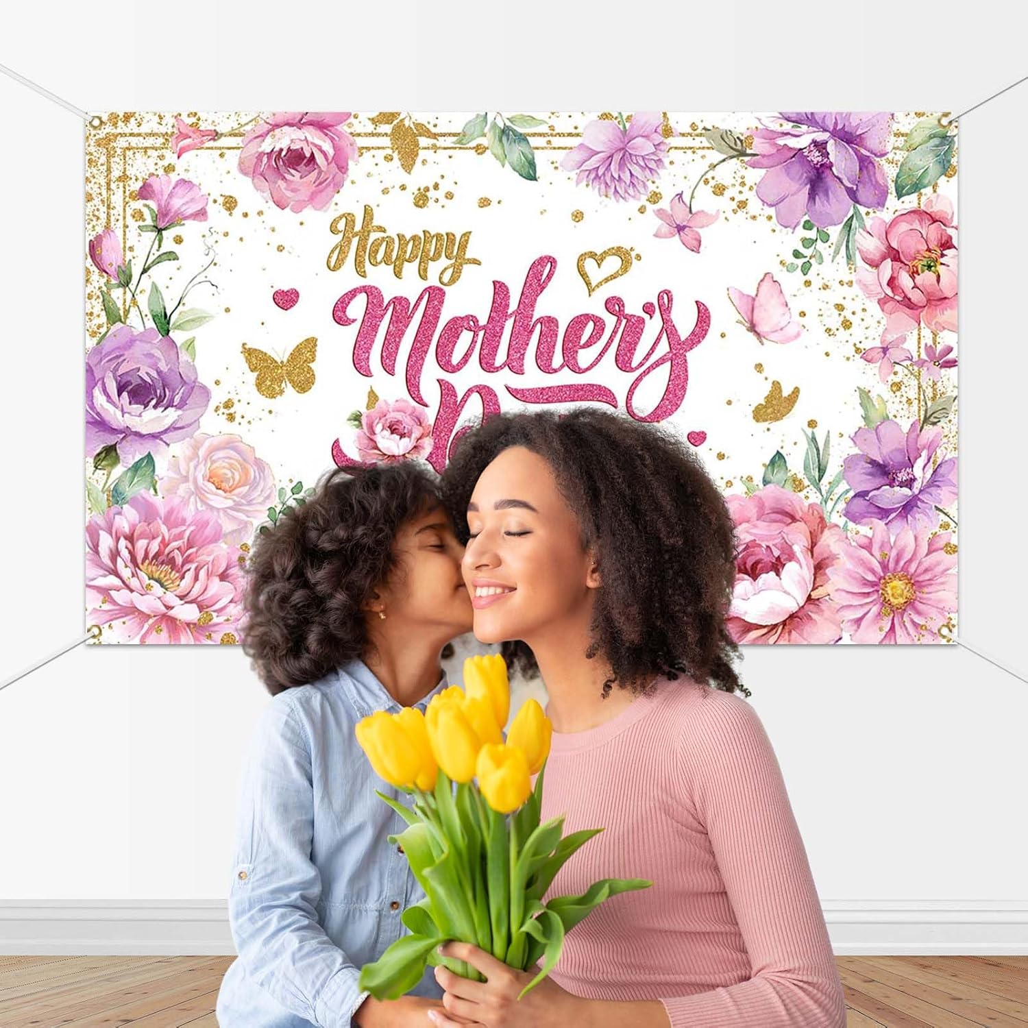 Thumbnail 4 de Avezano Happy Mother's Day Backdrop Banner – Pink Floral with Golden Accents (70.8 x 43.3 Inch)