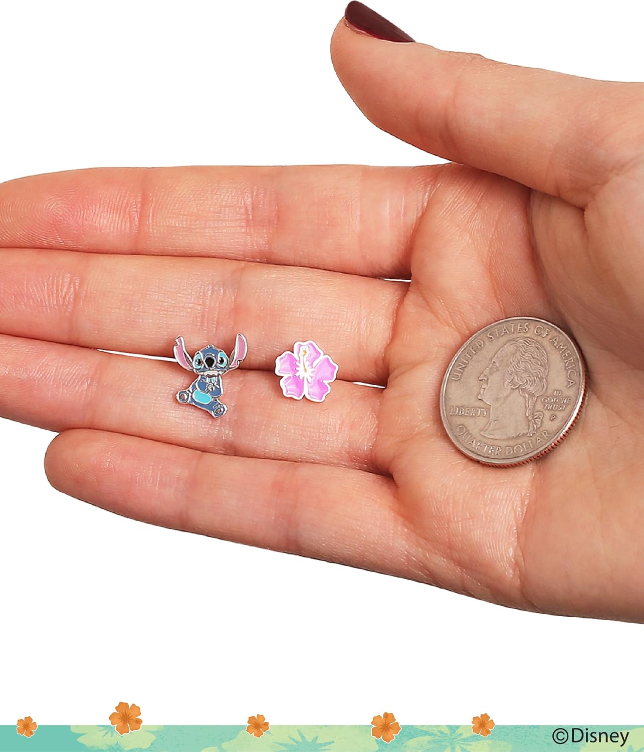 Detalle de Boucles d'oreilles Lilo & Stitch en argent sterling avec émail – motif fleur et Stitch