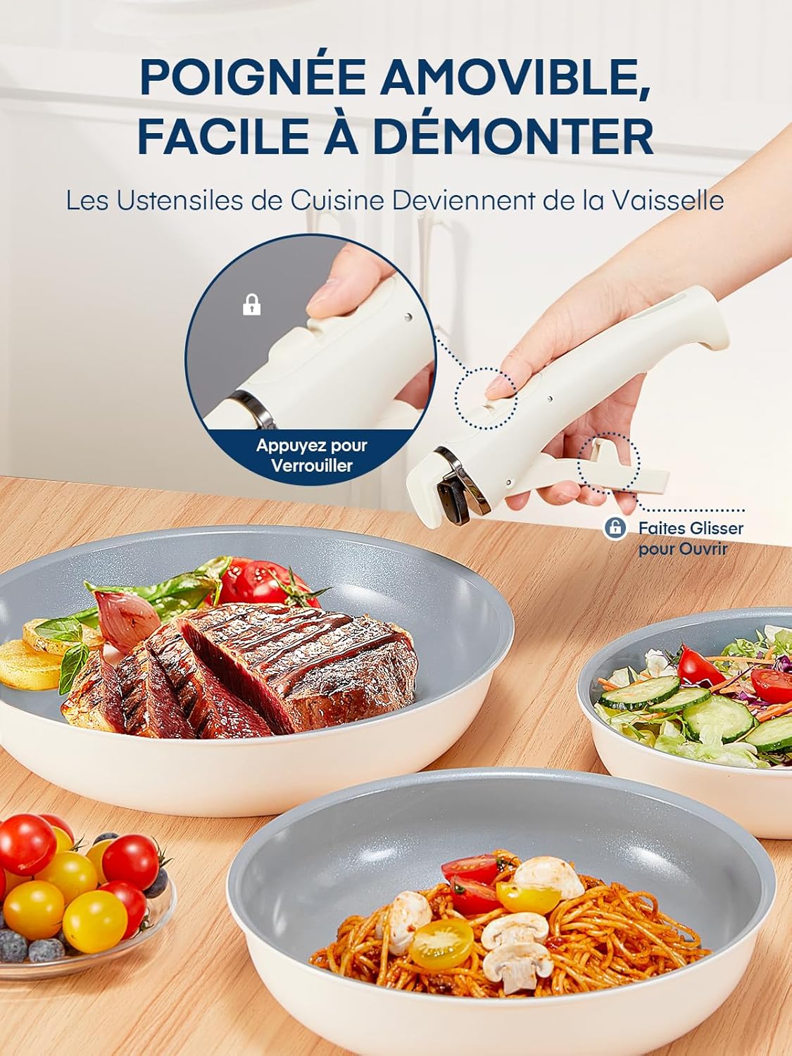 Thumbnail 4 de FOHERE lot de 3 poêles 20/24/28 cm avec poignée amovible (revêtement céramique, induction)