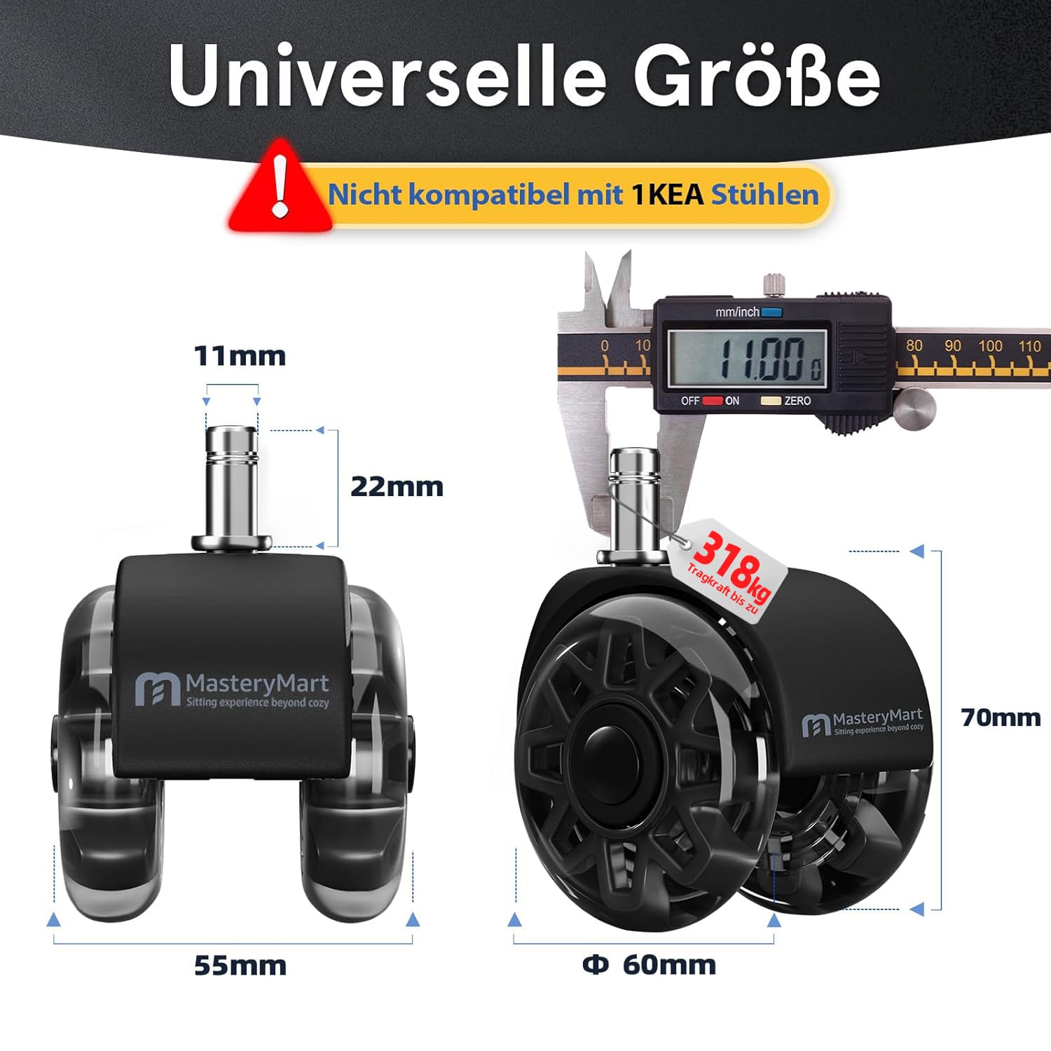 Thumbnail 1 de Mastery Mart Set di 5 ruote per sedie da ufficio, 11 mm, 70 mm, ruote per pavimenti duri, compatibilità 98% e protezione del parquet