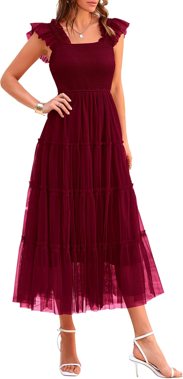 Detalle de PRETTYGARDEN Women's Summer Tulle Midi Dress with Smocked Ruffle Detail