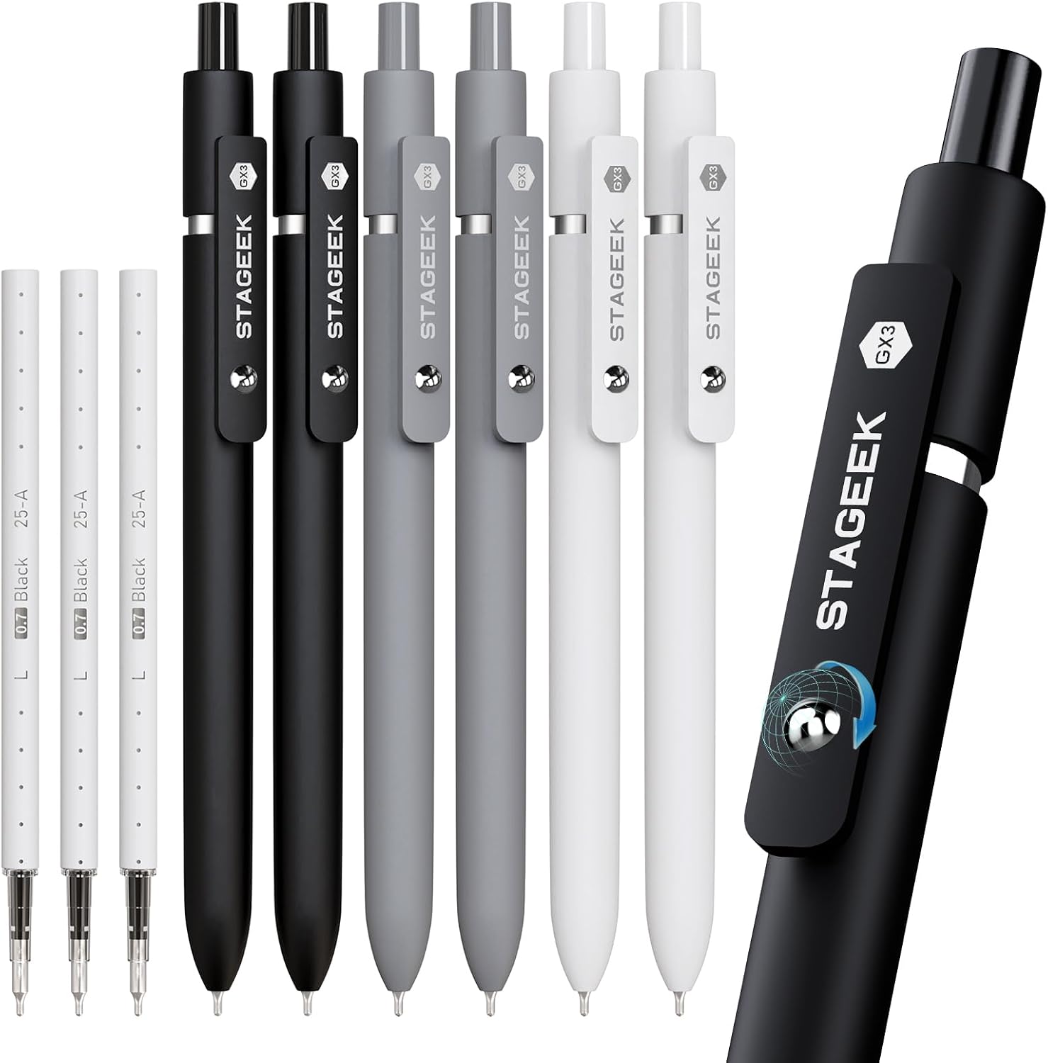 Detalle de STAGEEK GX3 ブラックゲルペン 0.7mmノック式、シリコングリップ・替芯3本付き