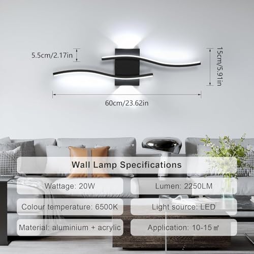 Detalle de Comely Aplique Pared Interior LED 20 W | 2250 lm, Negro | Luz Blanca Fría 6500K, 60 cm