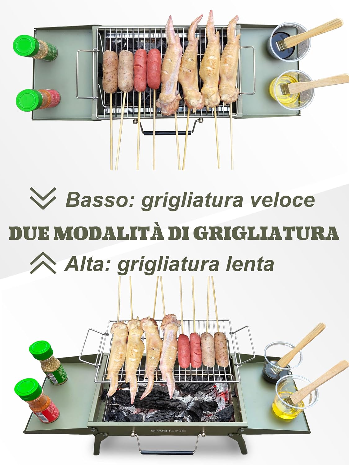 Detalle de Charmline Griglia a Carbone Portatile 34 x 23 cm – Pieghevole e Compatta, per 1–3 Persone, Verde