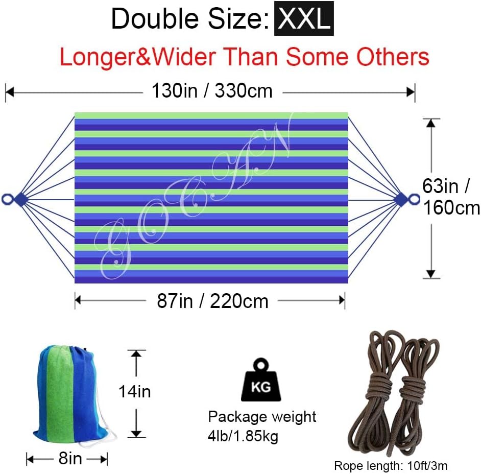 Thumbnail 3 de GOCAN Brazilian Double Hammock 2 Person Extra Large 220x160cm (Blue/Green) – 330cm Total Length, 300kg Load