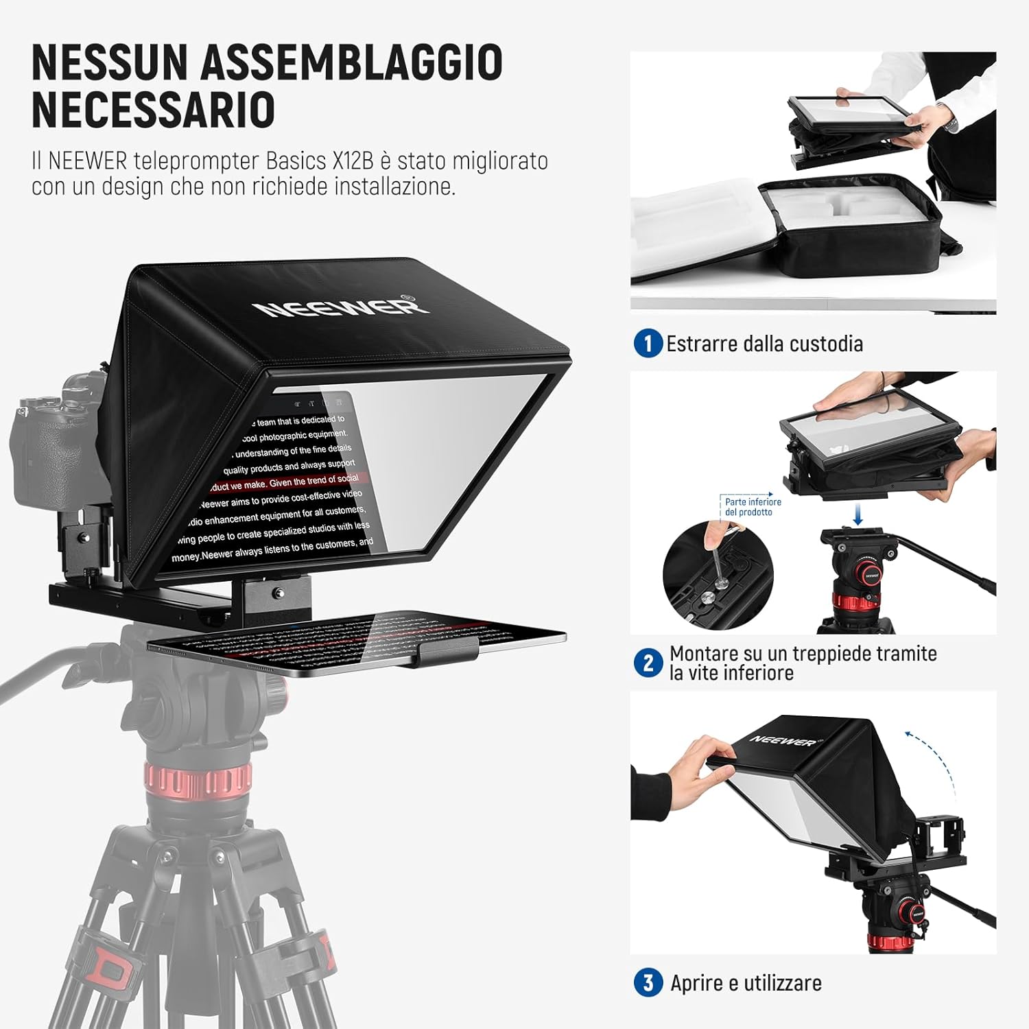 Thumbnail 1 de NEEWER BASICS X12B teleprompter sollevabile in lega di alluminio da 12" per iPhone, iPad, tablet e fotocamere