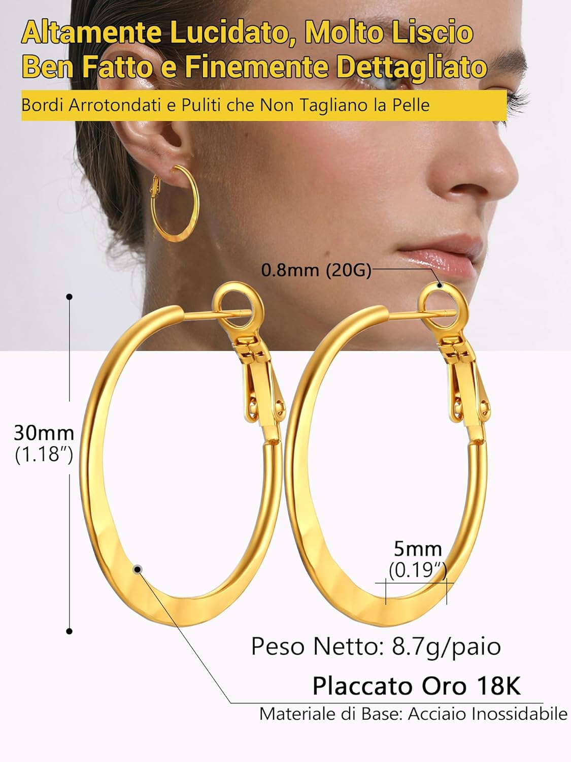 Thumbnail 6 de PROSTEEL Orecchini a Cerchio in Acciaio Inossidabile 316L – 30/40/60/80 mm