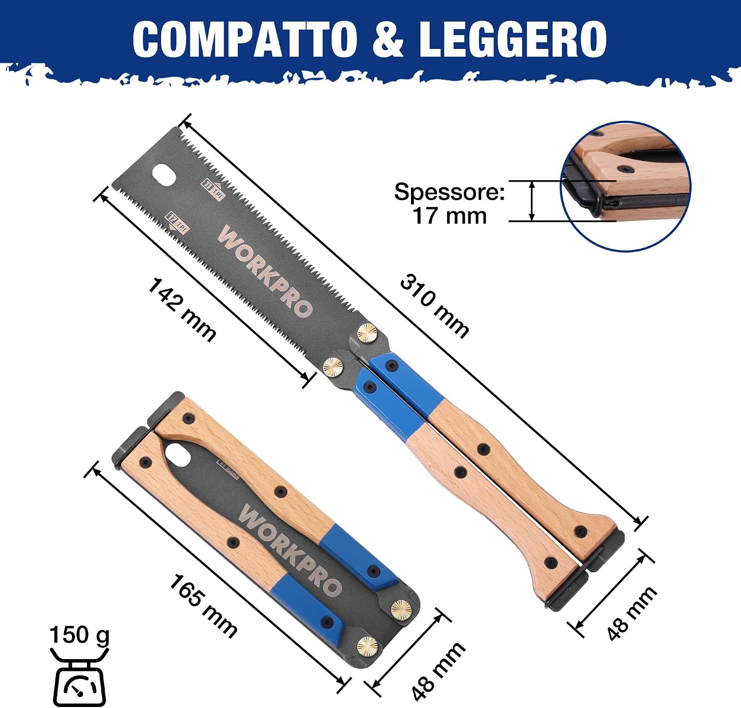 Detalle de WORKPRO Sega Sega Giapponese Pieghevole 310 mm, Doppio Filo 11/17 TPI – Lama SK5, Manico in Faggio