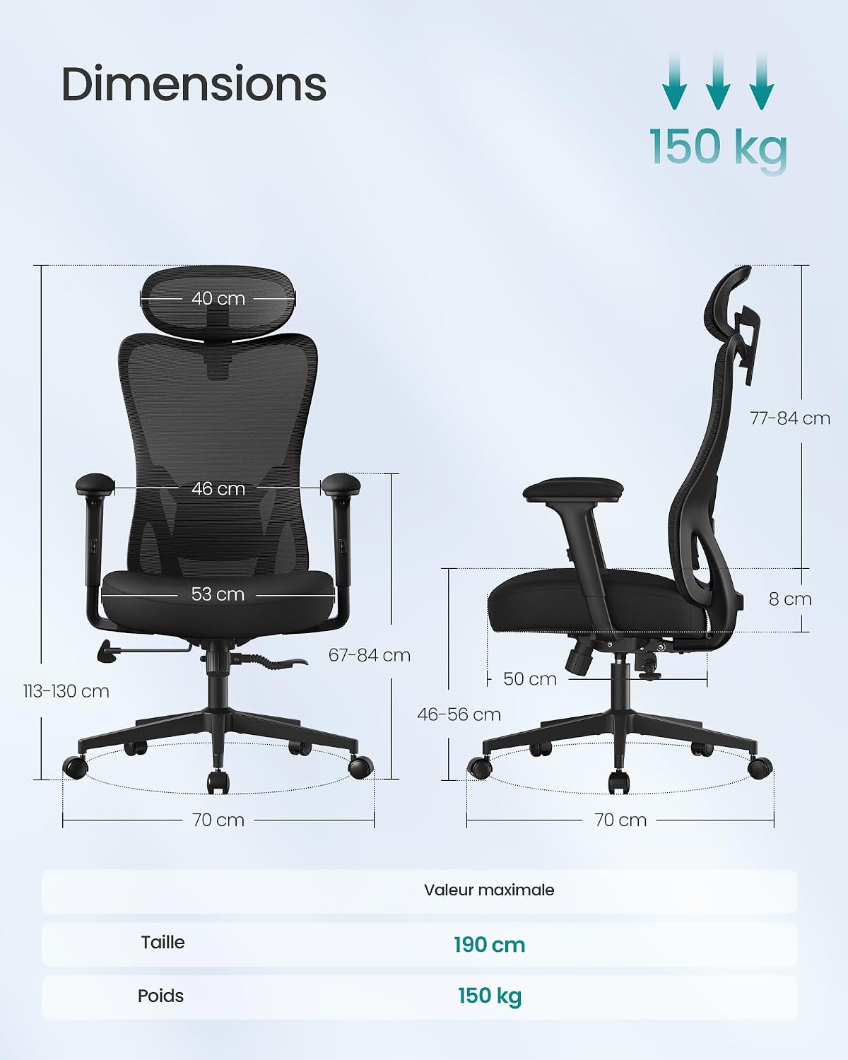 Detalle de SONGMICS KIME OBN066BH01 ergonomische bureaustoel met verstelbare steun
