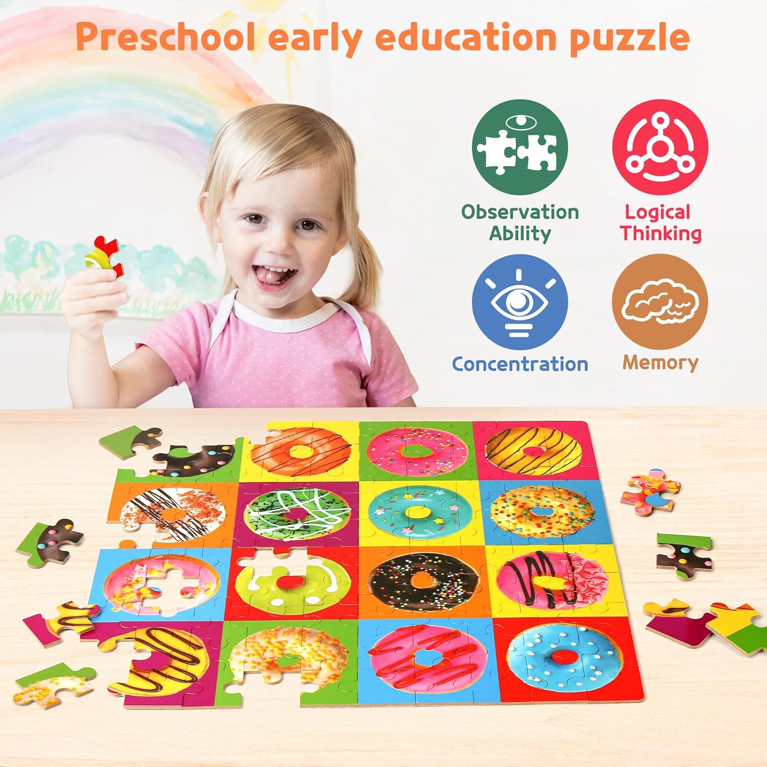 Thumbnail 4 de SYNARRY 100-Piece Wooden Donut Puzzle for Kids 🎲