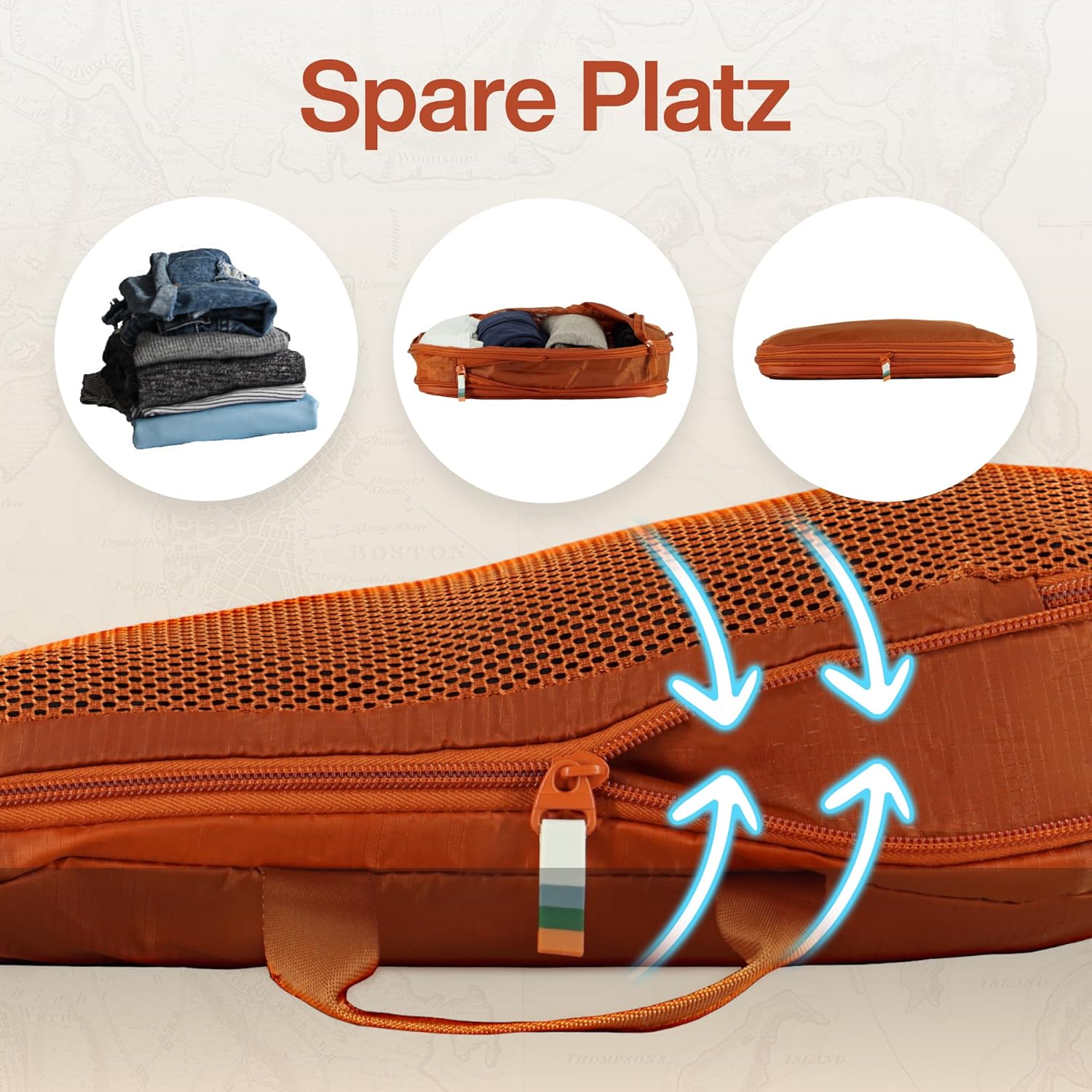 Detalle 2 de TRAVEL DUDE Packwürfel Set mit Kompression – 7-teiliges Set aus recycelten Plastikflaschen, Burnt Orange