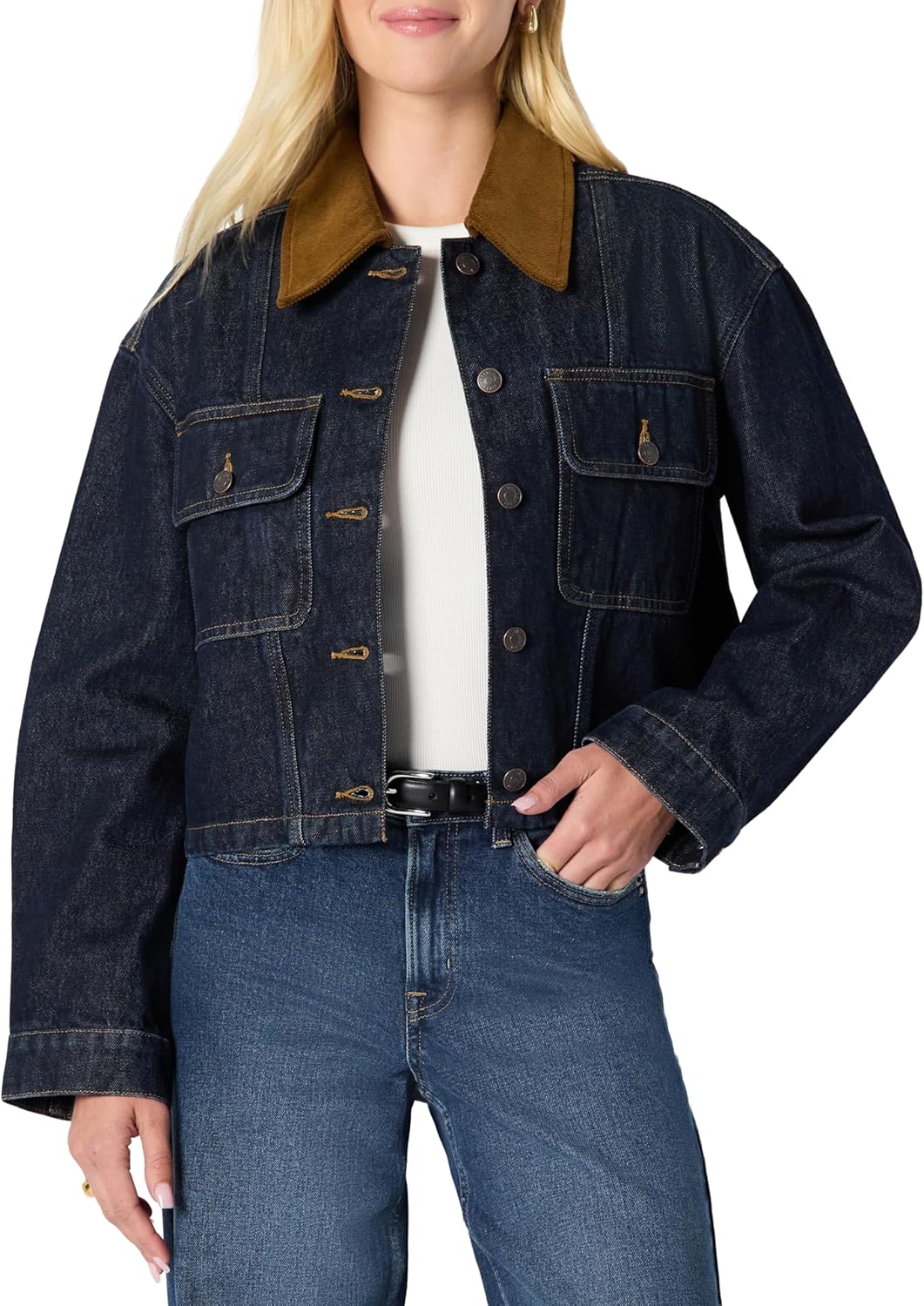 Detalle de Amazon Essentials Women's Oversized-Fit Cropped Denim Jacket with Contrast Corduroy Collar