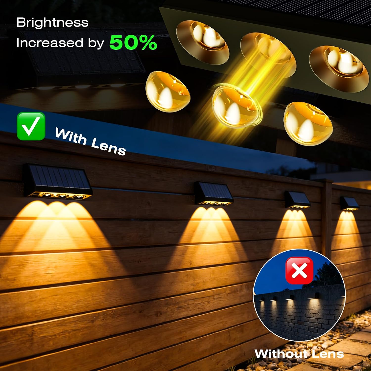 Detalle de Wudyfei Solar Fence Lights Outdoor (4 Pack) with 3LED and 3 Convex Lenses, IP65 waterproof solar wall lights