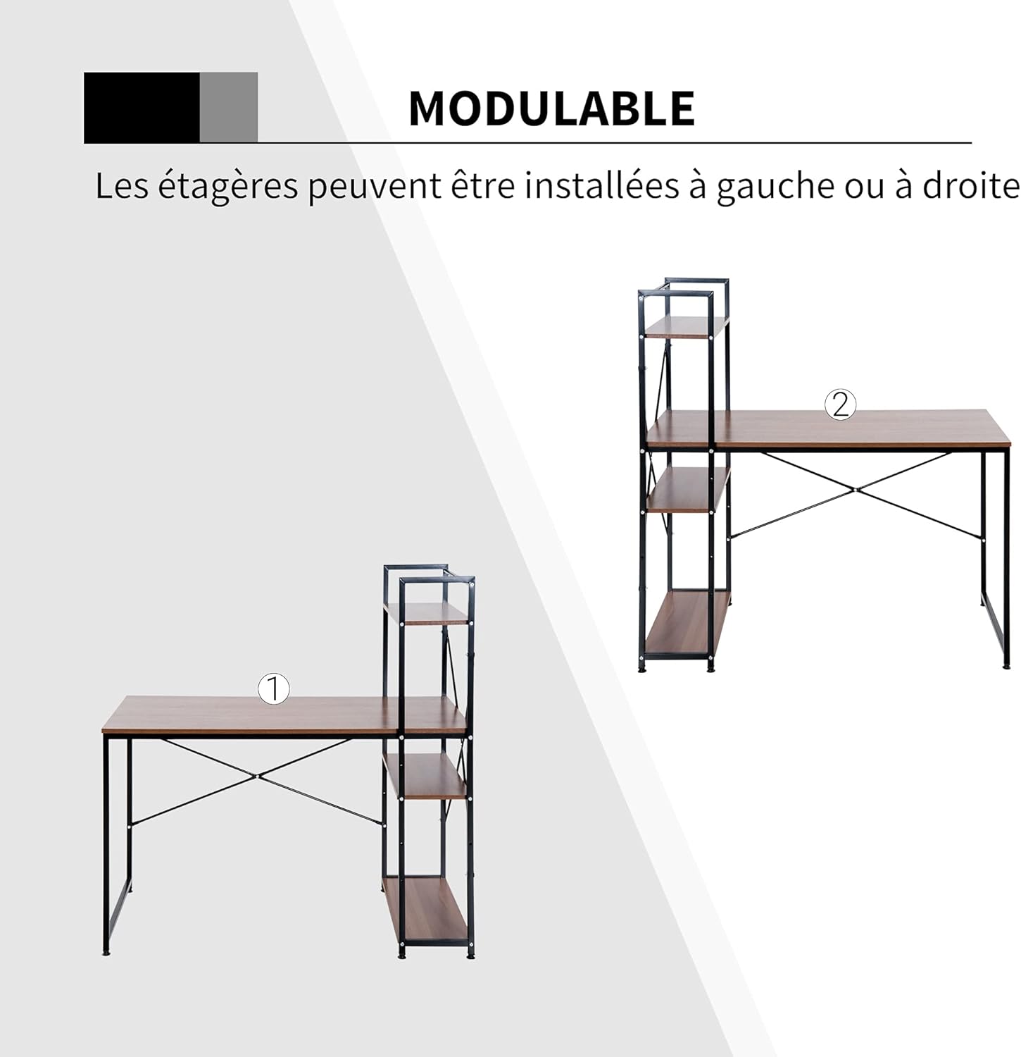 Thumbnail 5 de HOMCOM Bureau d’angle avec rangement industriel et bibliothèque 3 étagères, aspect noyer et métal noir