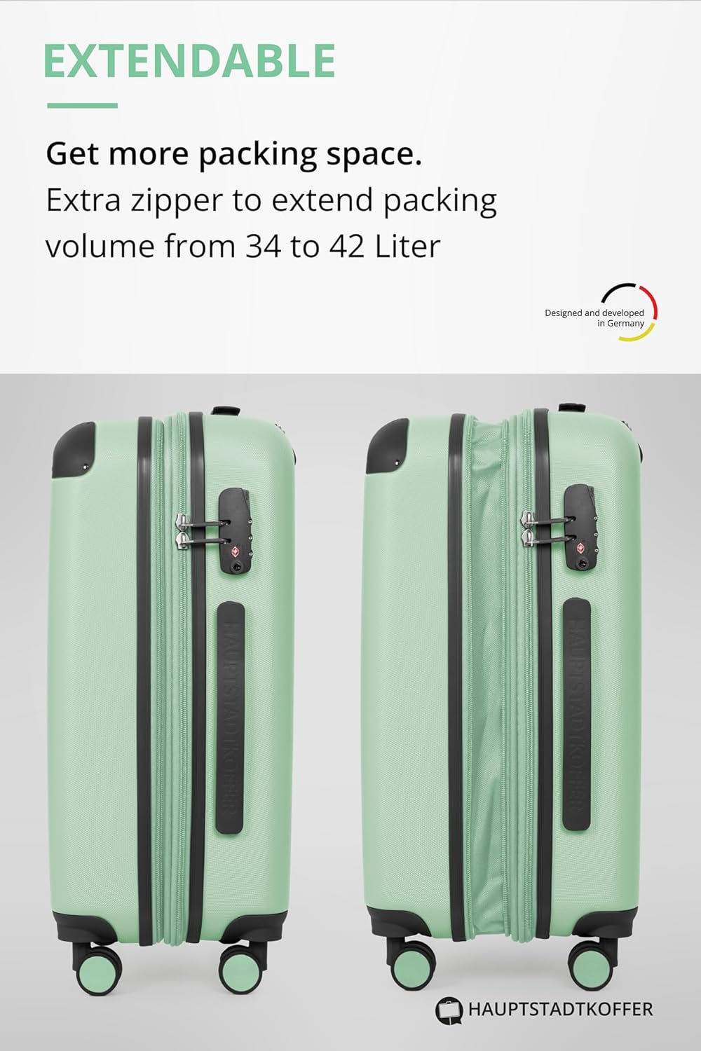 Detalle de Hauptstadtkoffer SPREE: Bagaglio a mano rigido 55 cm, 42 L, espandibile, 4 ruote doppie e TSA – Mint