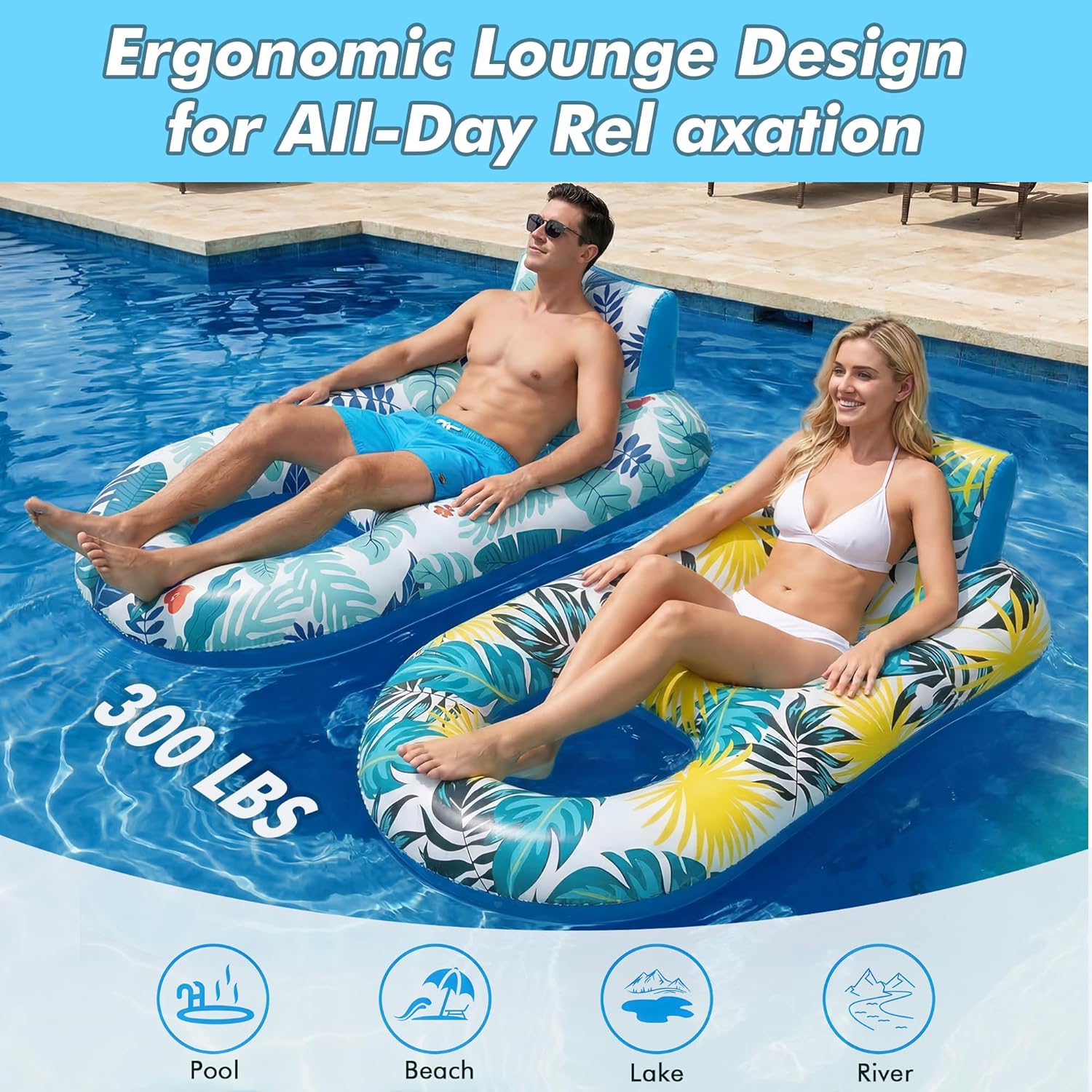 Thumbnail 6 de 2-Pack Adult Pool Float Loungers with Cup Holders, Backrest & Footrest (Pink/Blue)