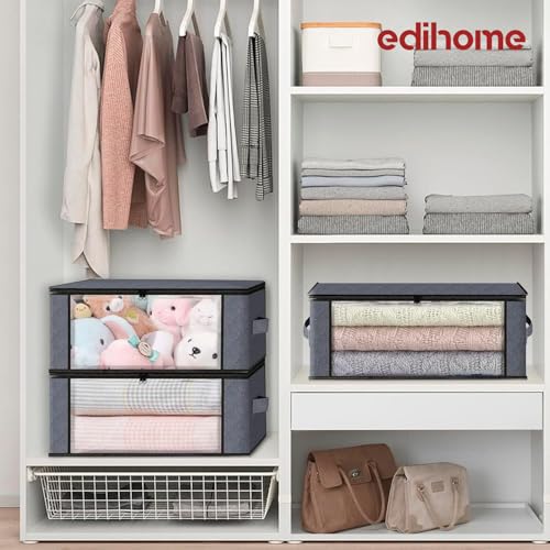 Detalle de edihome | Cajas de Almacenaje para Ropa con Asas Reforzadas (Pack de 3) - Gris Claro