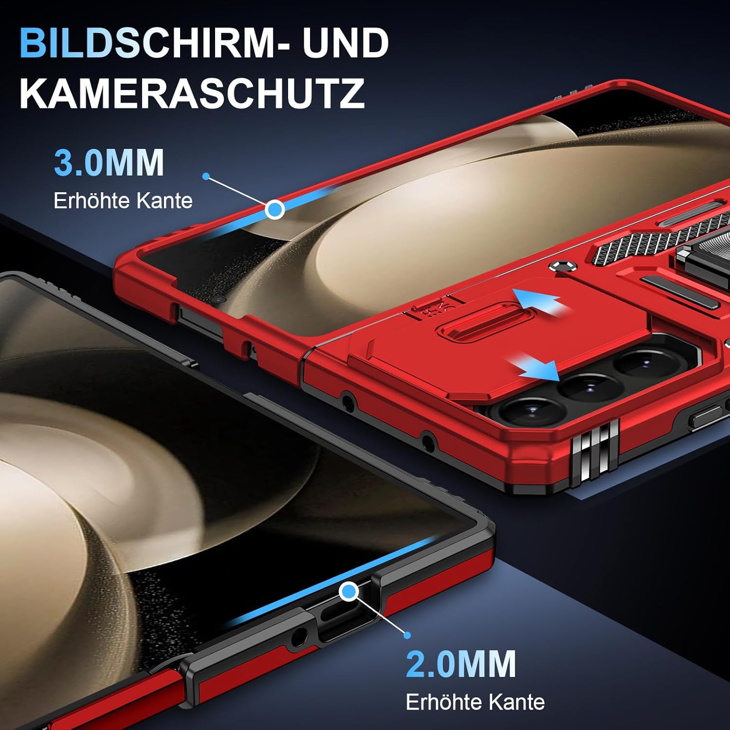 Thumbnail 1 de Handyhülle für Samsung Galaxy Z Fold 5 mit Slide-Kamera und 360° Metallring-Ständer (Rot)
