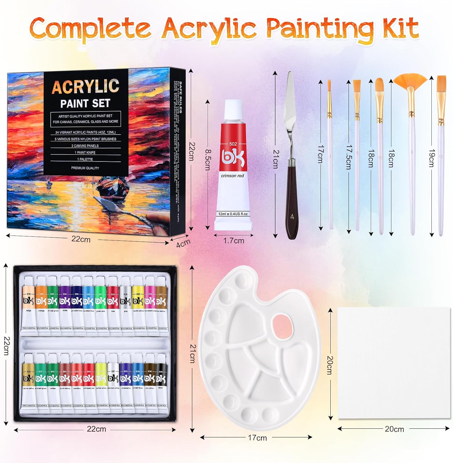 Thumbnail 6 de Aottom 33-teiliges Leinwand-Acrylfarben-Set mit 24 Tuben, Pinseln, Leinwänden & Mischzubehör