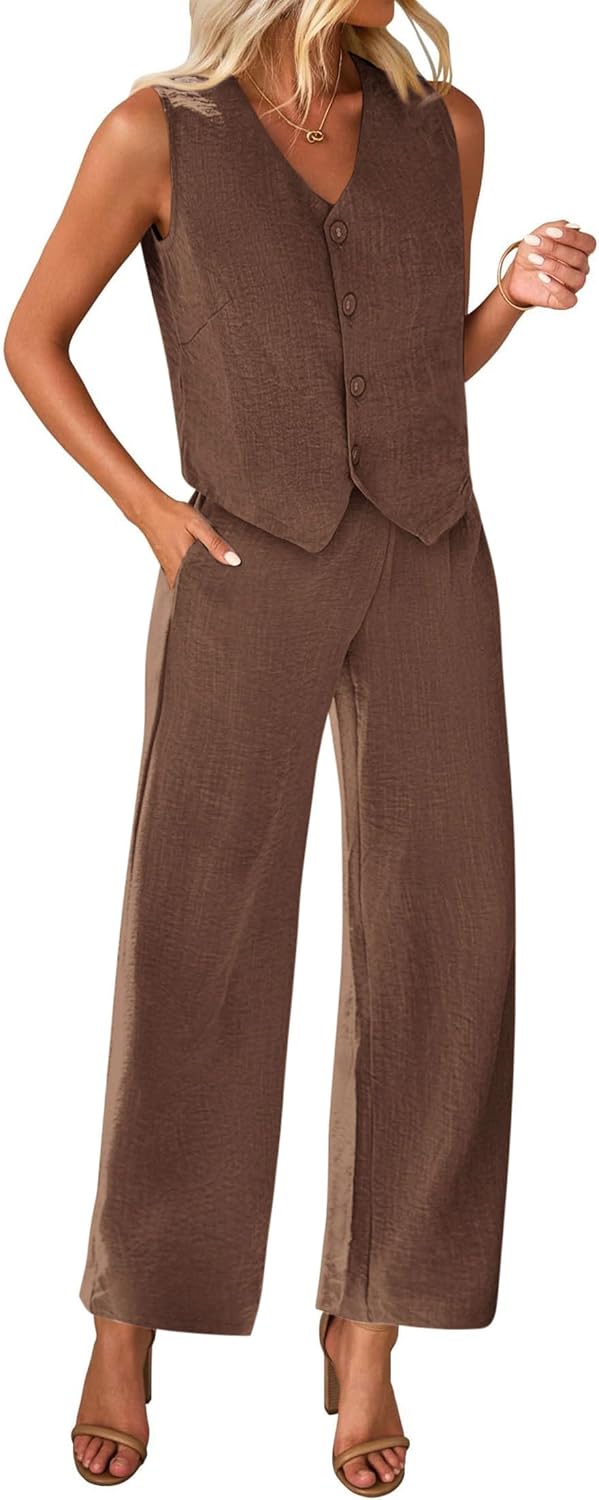 Detalle de KIRUNDO 2-Piece Dressy Summer Set: V-Neck Crop Vest Blazer + Wide-Leg Pants