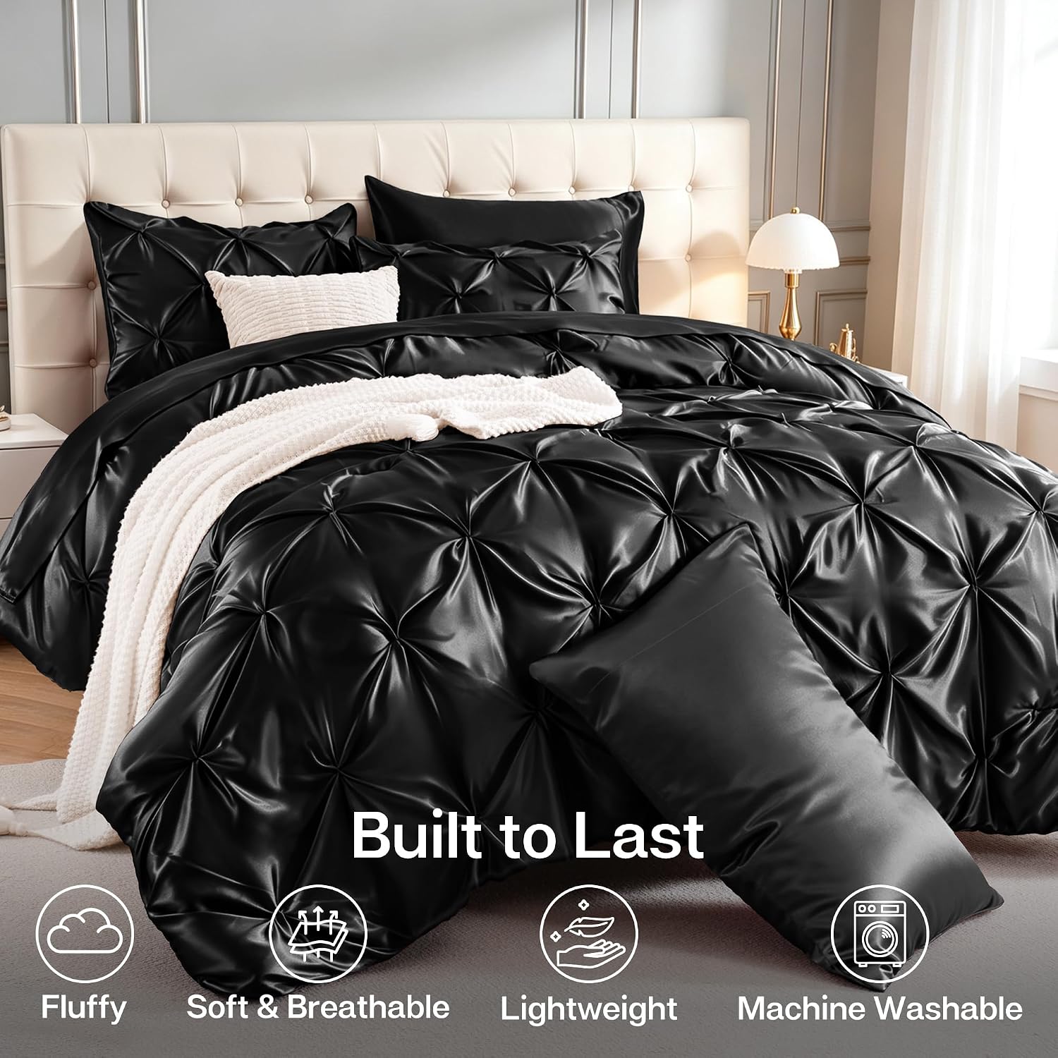 Thumbnail 6 de MR&HM Twin XL Satin Comforter Set, Black, 5-Piece Pintuck Bedding