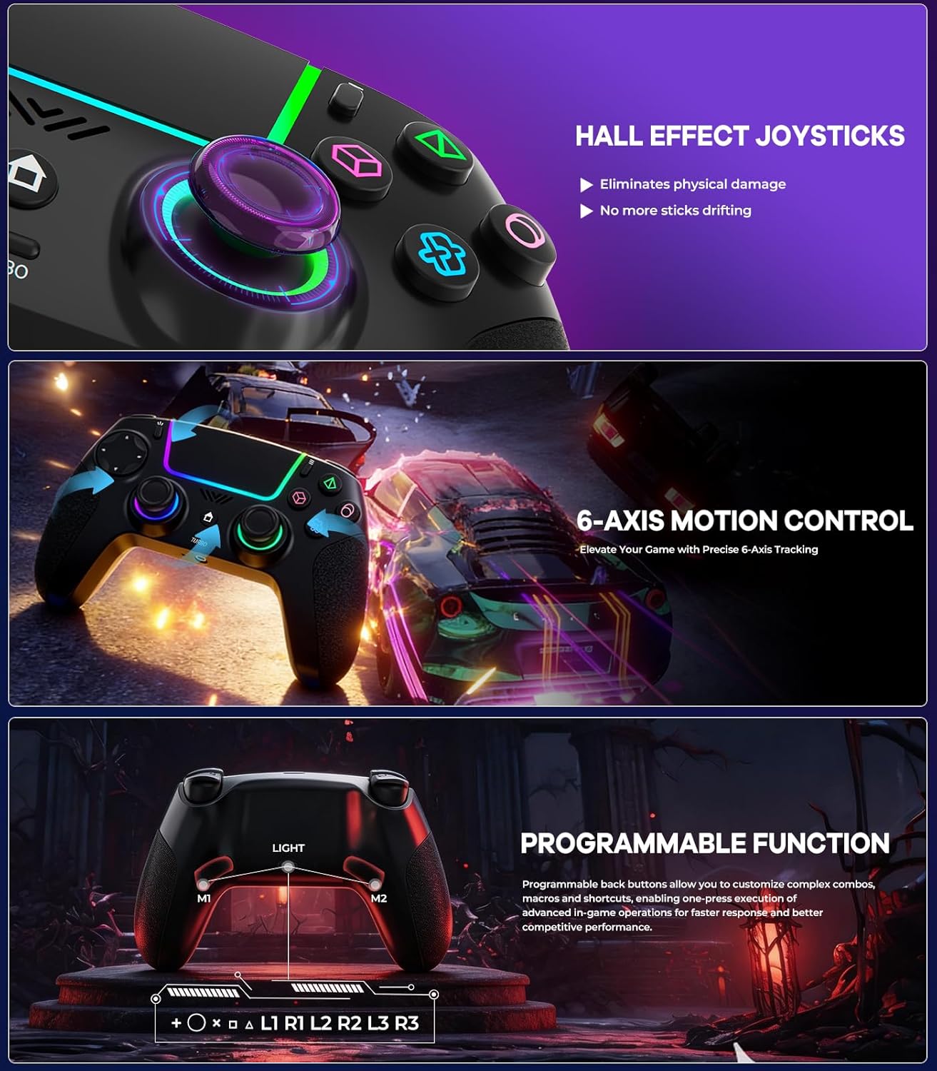 Thumbnail 2 de SZPACMATE Manette Sans Fil Multi-Plateformes avec Éclairage RGB et Joystick Hall