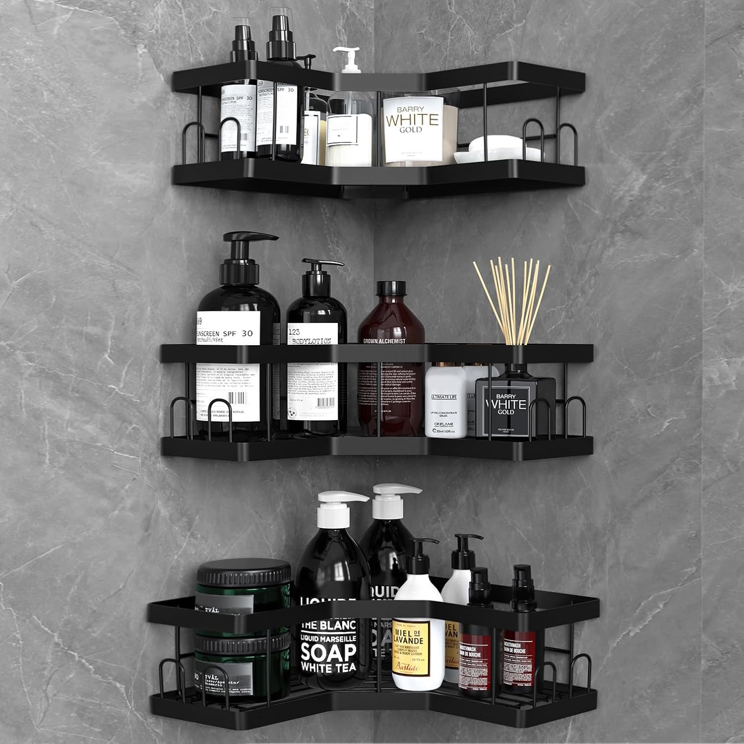 AceMining Shower Caddy: 3-Pack Black Adhesive Bathroom Shelves