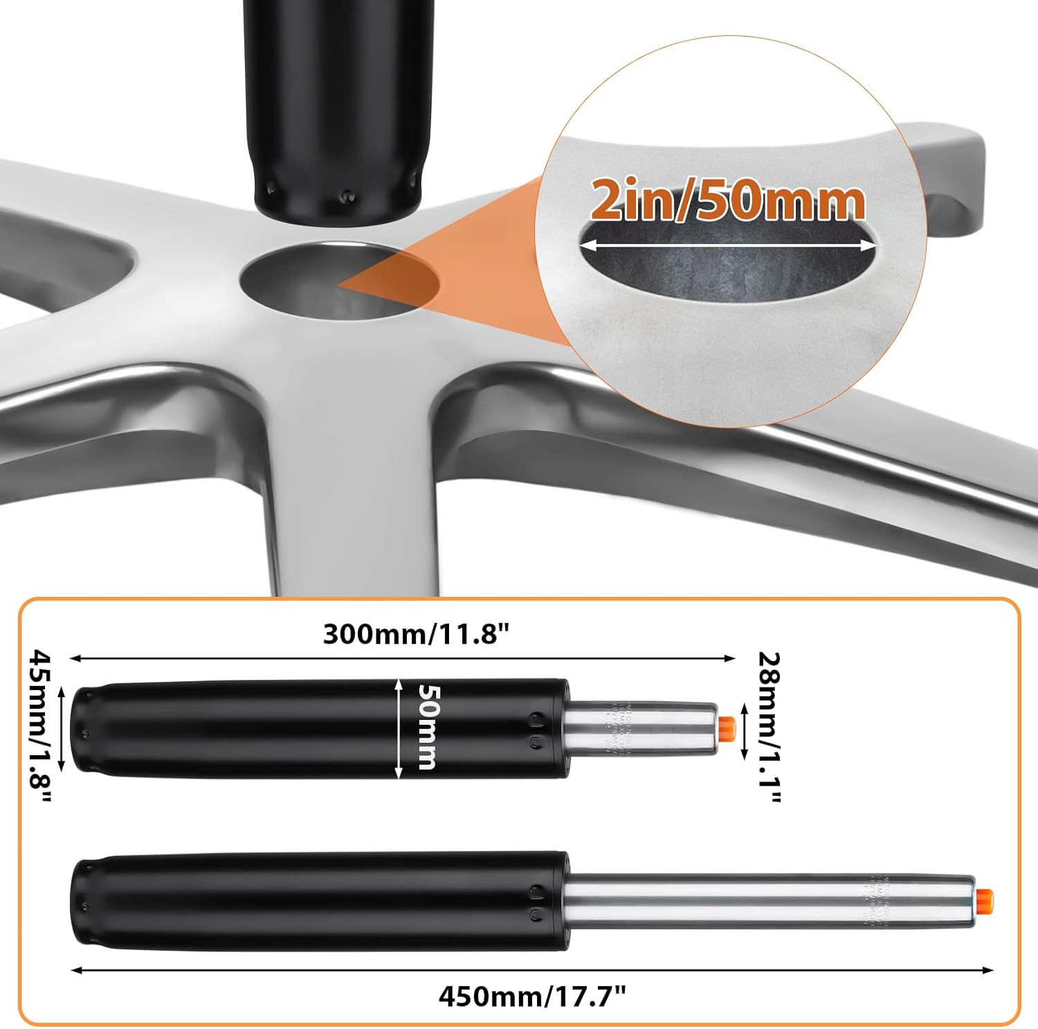 Detalle 2 de Huiguli Pistone Sedia Ufficio Class 4 a Gas di Ricambio – 300–450 mm, Ø50/28 mm, rotazione 360°, capacità 450 kg, nero