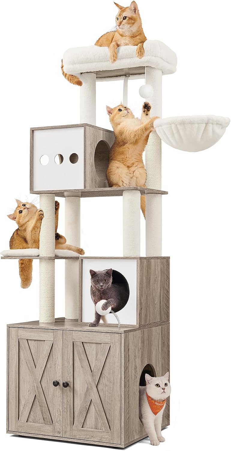 Detalle de Feandrea Kratzbaum mit Katzenklo-Schrank – kompakter Katzenbaum, 178 cm, Greige/Weiß