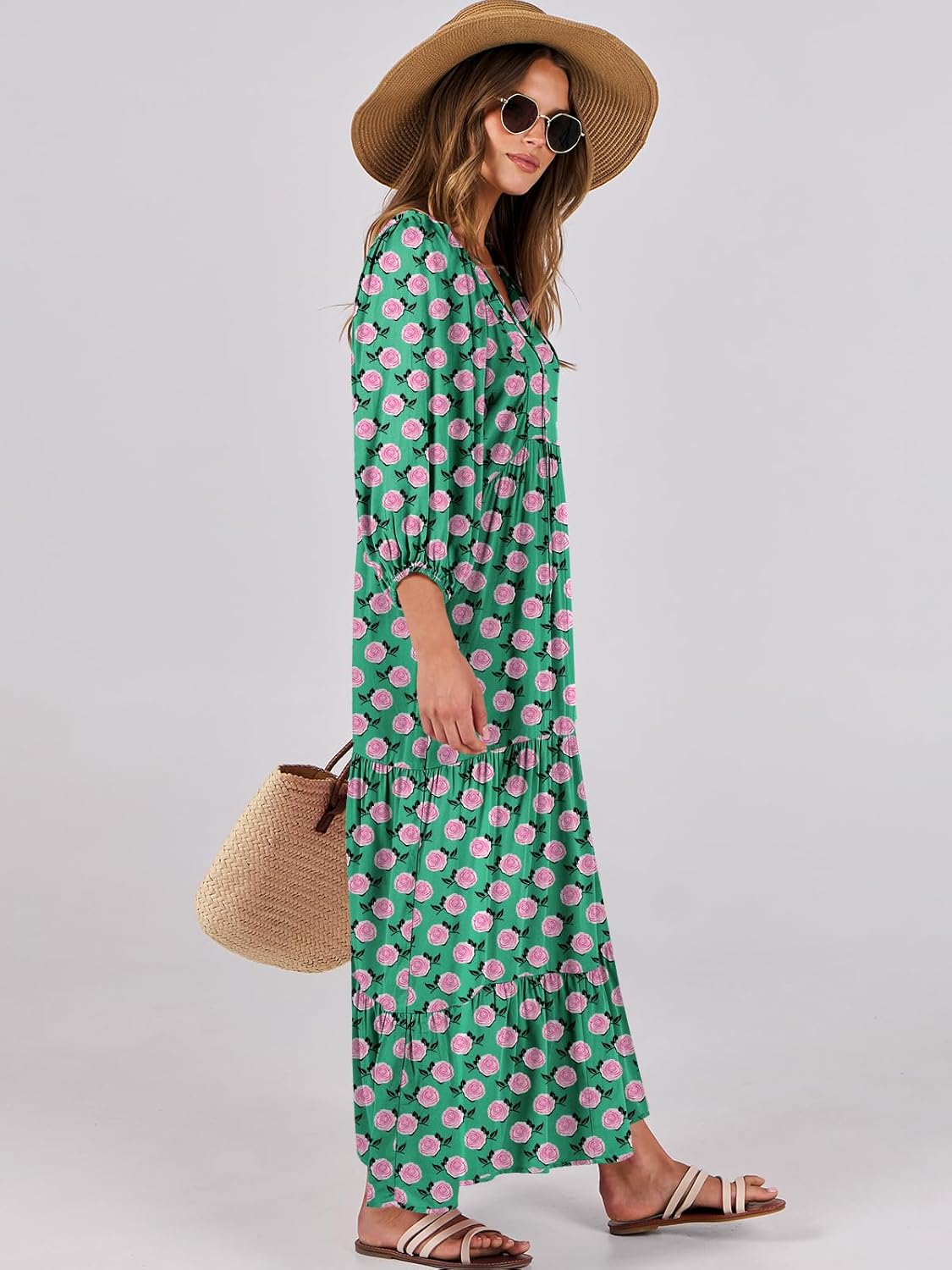 Thumbnail 2 de ANRABESS Womens Boho Maxi Dress 2026 Summer V Neck Puff Sleeve Floral Flowy Swing Dress