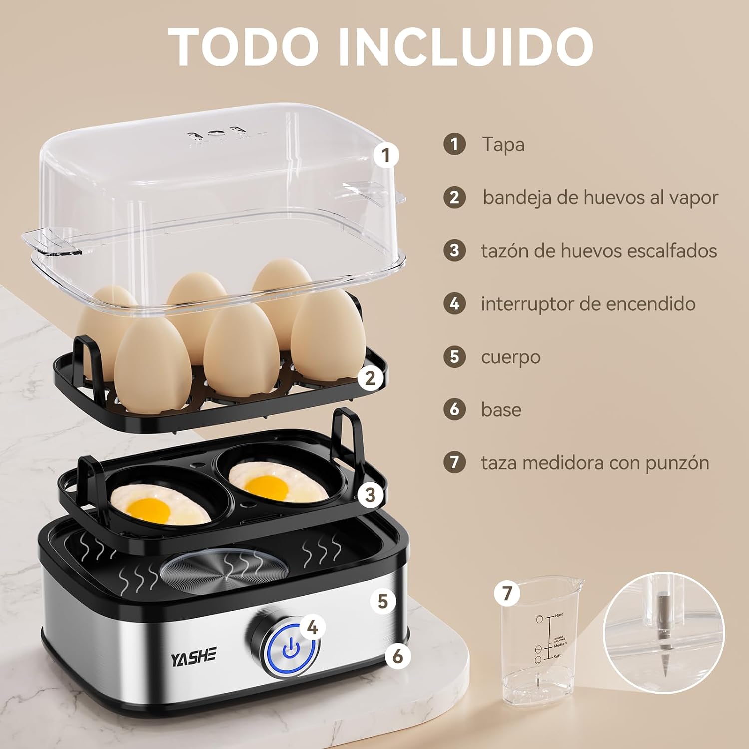 Detalle de YASHE Cocedor de Huevos 400W 🍳 Fácil y Multifuncional