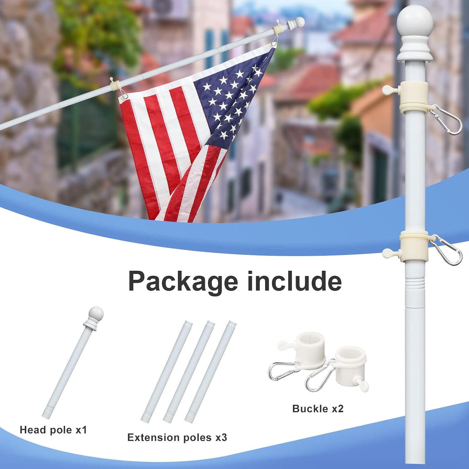 Detalle 1 de Barcetine 01 Flag Pole, White, Adjustable to 5 ft with 1-Inch Diameter