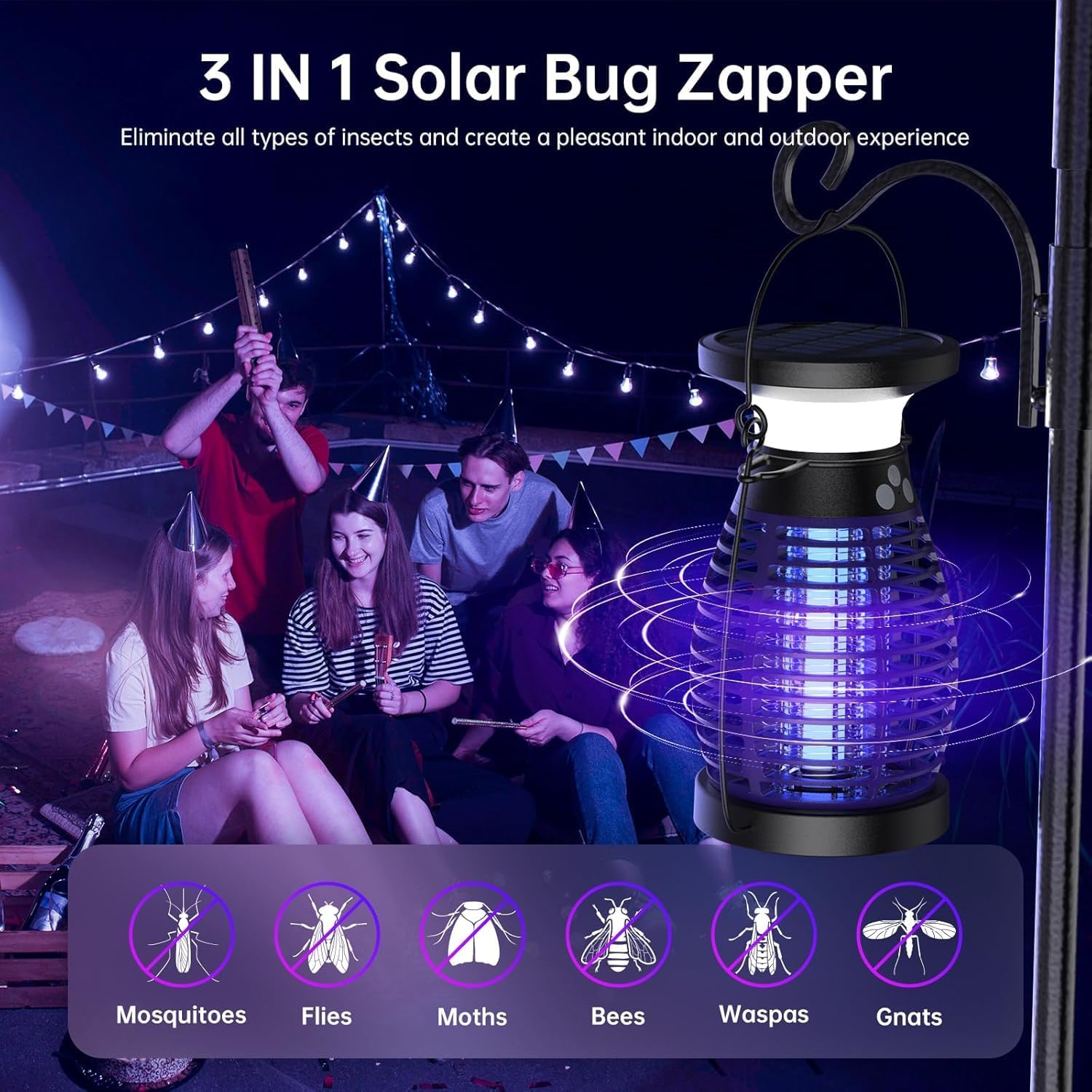 Detalle de Lampada Antizanzare Elettrica Solare 4200V – IP66, ricarica solare e USB (Viola)