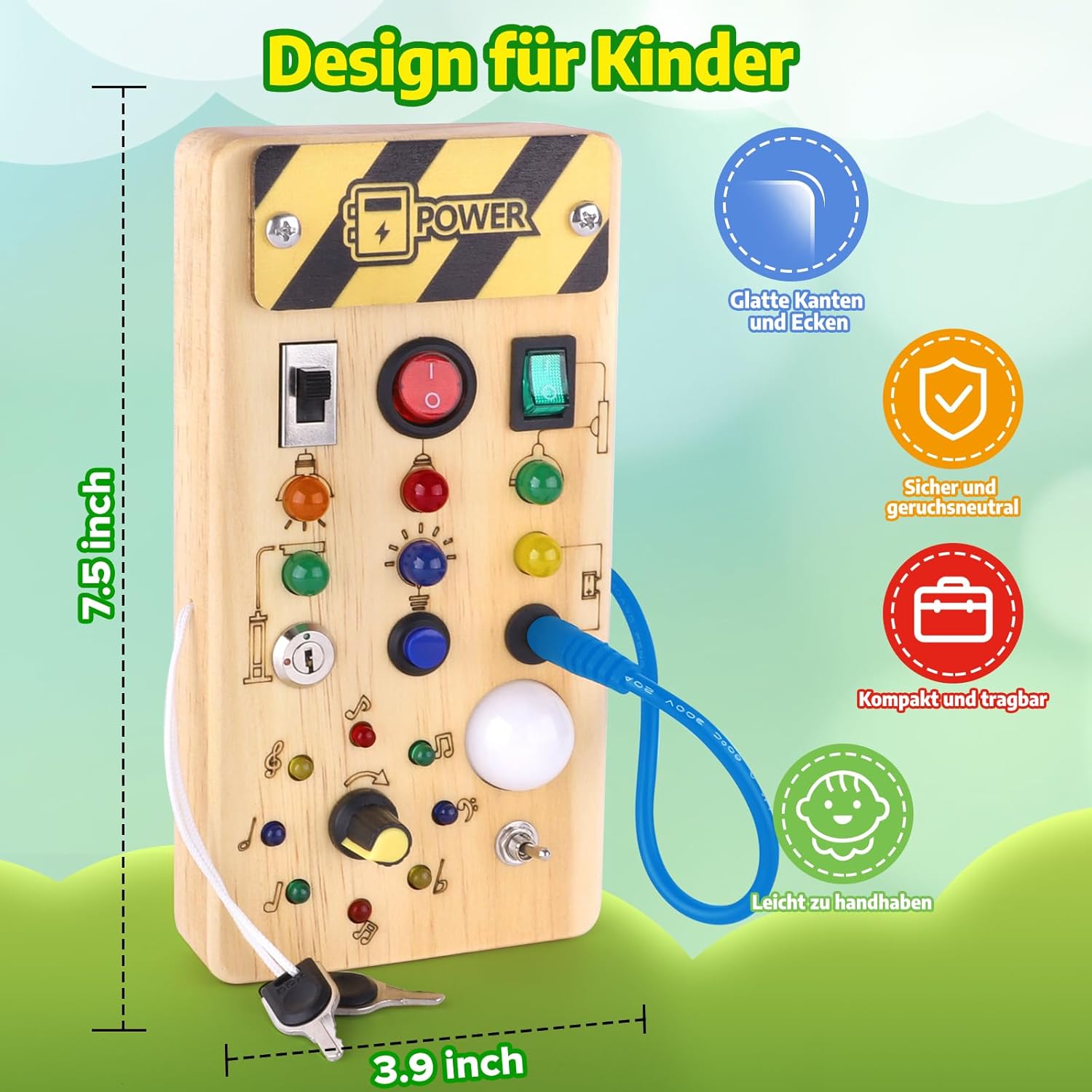 Detalle de Hoarosall Montessori Busy Board mit LED-Lichtschalter – Motorik- und Sensorik-Spielzeug aus Holz ab 1 Jahr