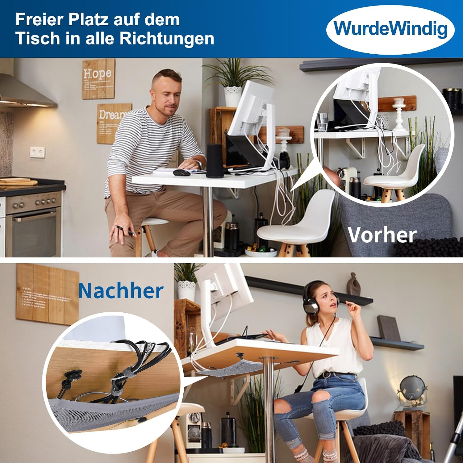 Thumbnail 6 de WurdeWindig Kabelnetz Schreibtisch für Kabelmanagement – flexibler Netz mit 66,5 × 24 cm, Grau