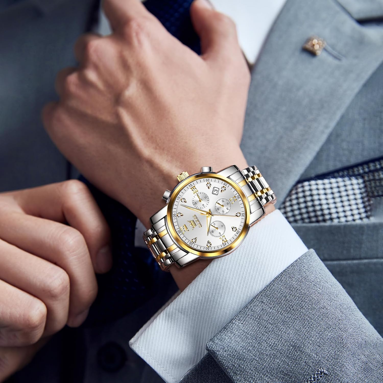 Detalle de OLEVS Men's Chronograph Watch: Gold & Silver Stainless Steel with Diamond Accents