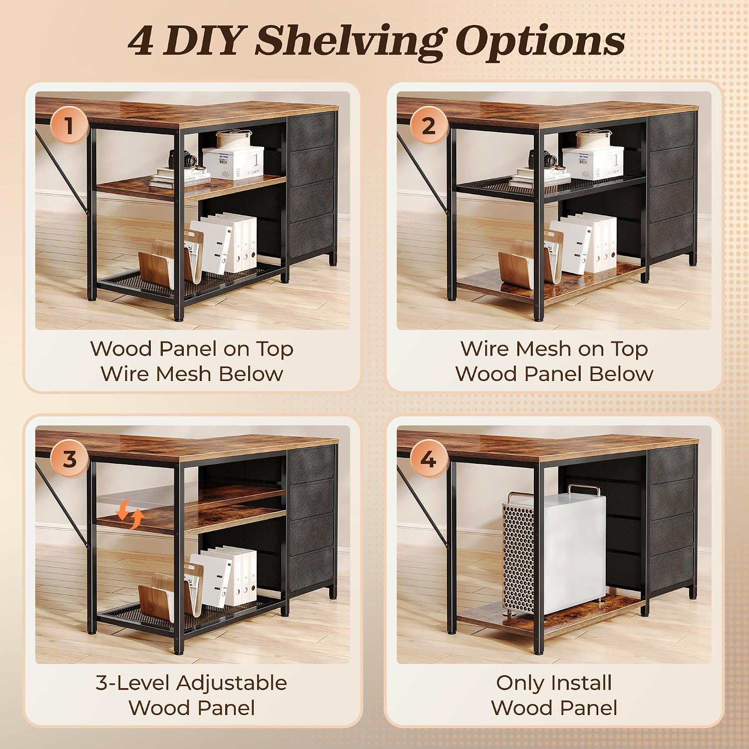 Thumbnail 6 de PRAISUN 43.3-Inch Reversible L-Shaped Desk with Power Outlets and 4 Drawers