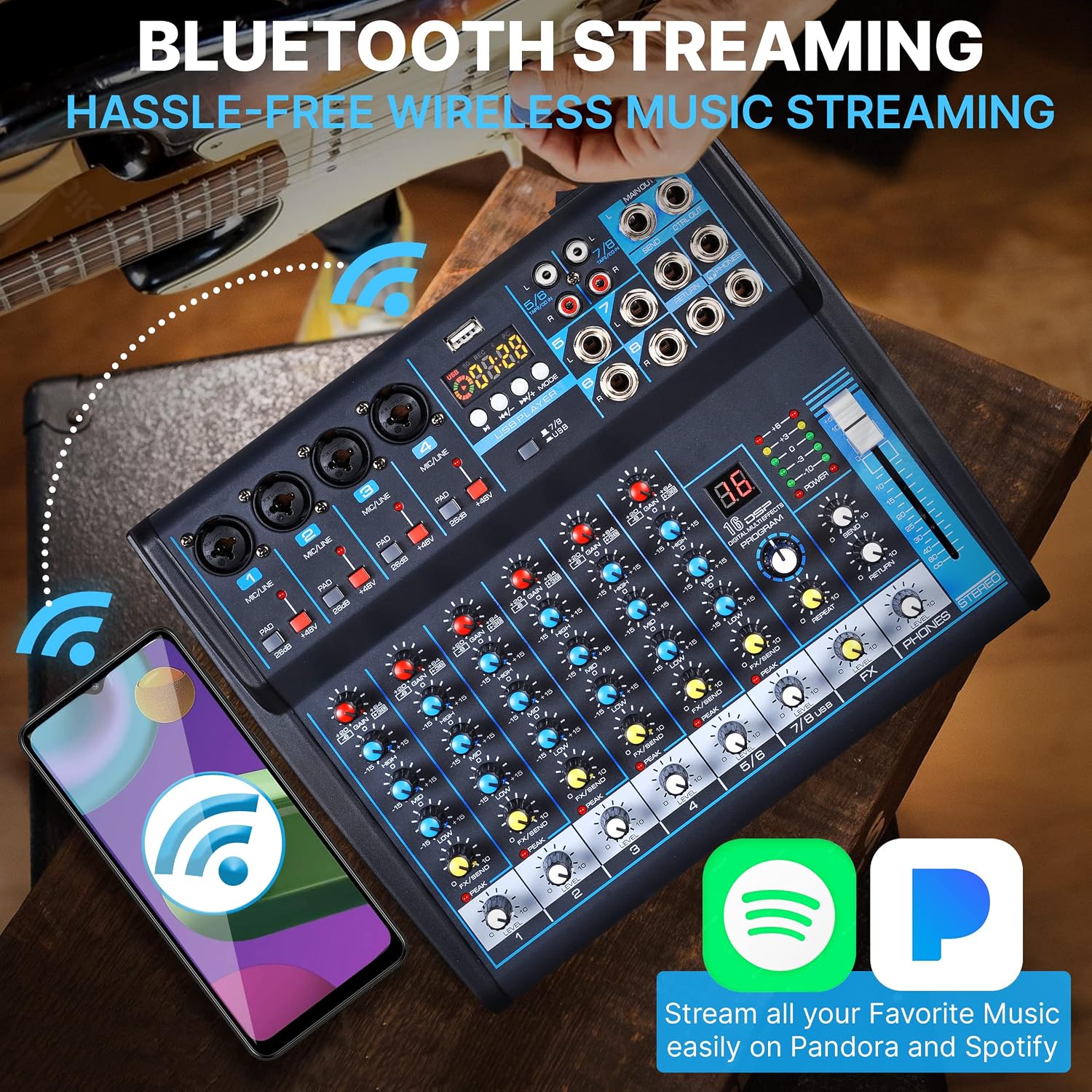 Detalle 1 de Pyle PMXU83BT.5 8-Channel Bluetooth Studio Mixer with USB Recording and DSP FX