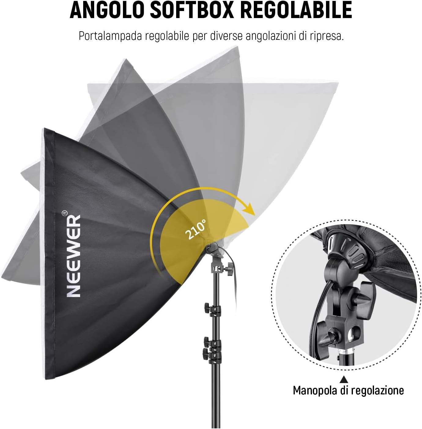 Detalle 2 de NEEWER kit softbox illuminazione continua 700W equivalente con lampadine LED 5700K, 2 diffusori 60x60 cm e supporti