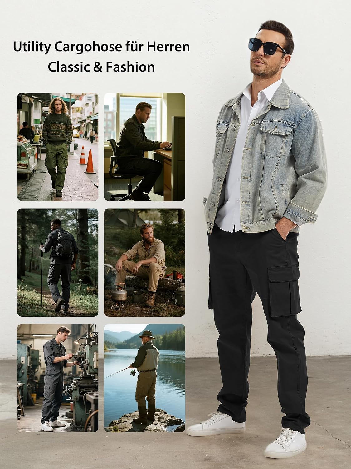 Detalle de Breampot Herren Cargohose aus Baumwolle im Chino-/Cargo-Stil mit 6 Taschen für Freizeit & Outdoor