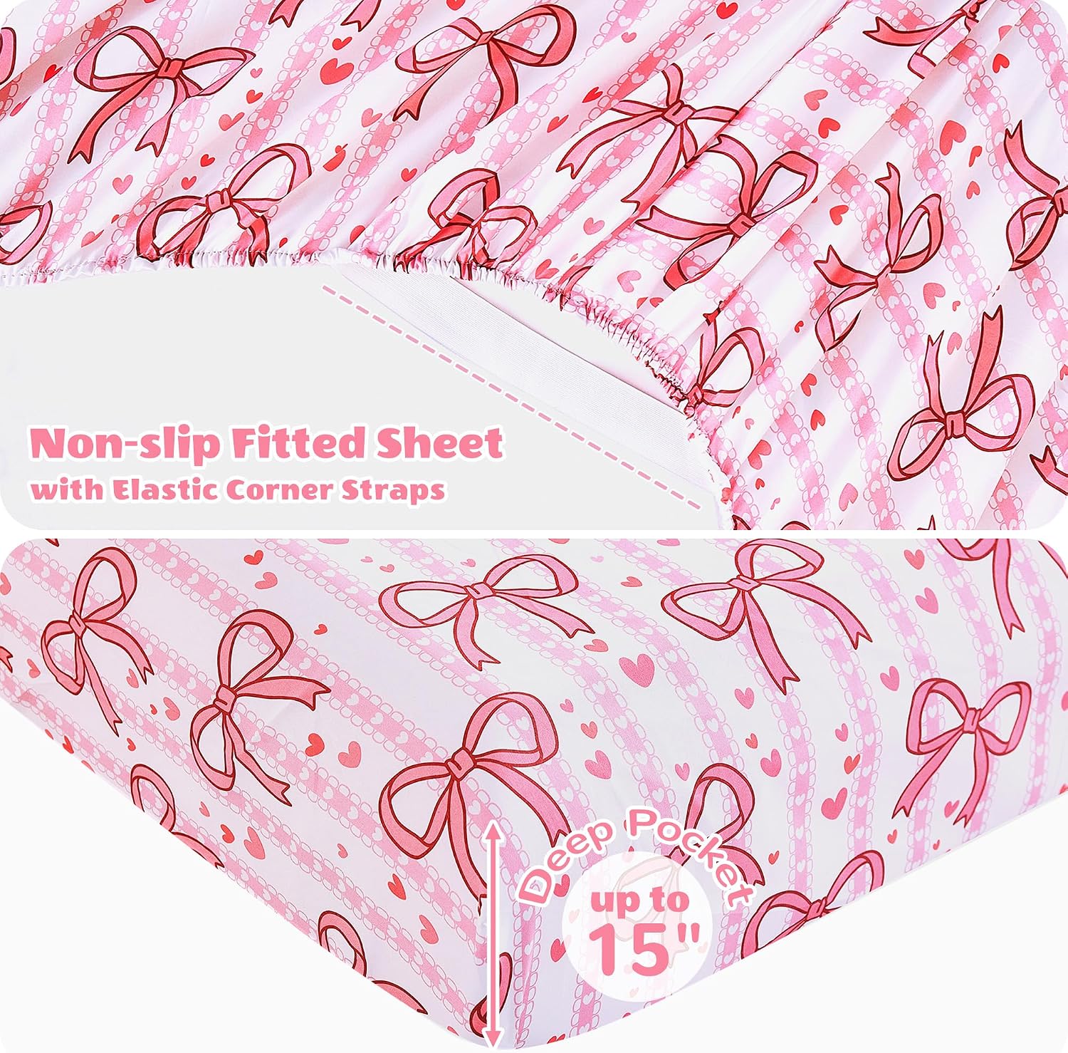Thumbnail 3 de Viviland VLKDSHT-PB-T Twin Sheet Set, Pink Bow Microfiber, Deep Pocket