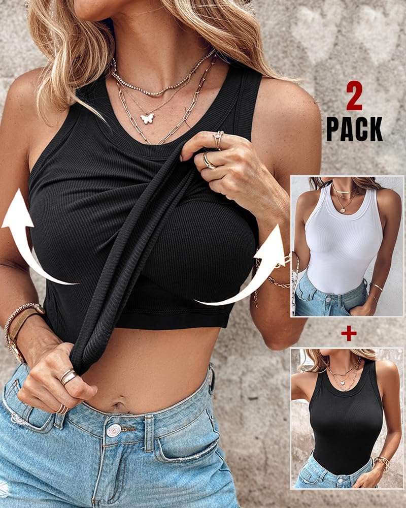 Thumbnail 1 de CHICME 2-Piece Built-In Bra Ribbed Tank Tops for Women (Racerback Fitness Workout Style)